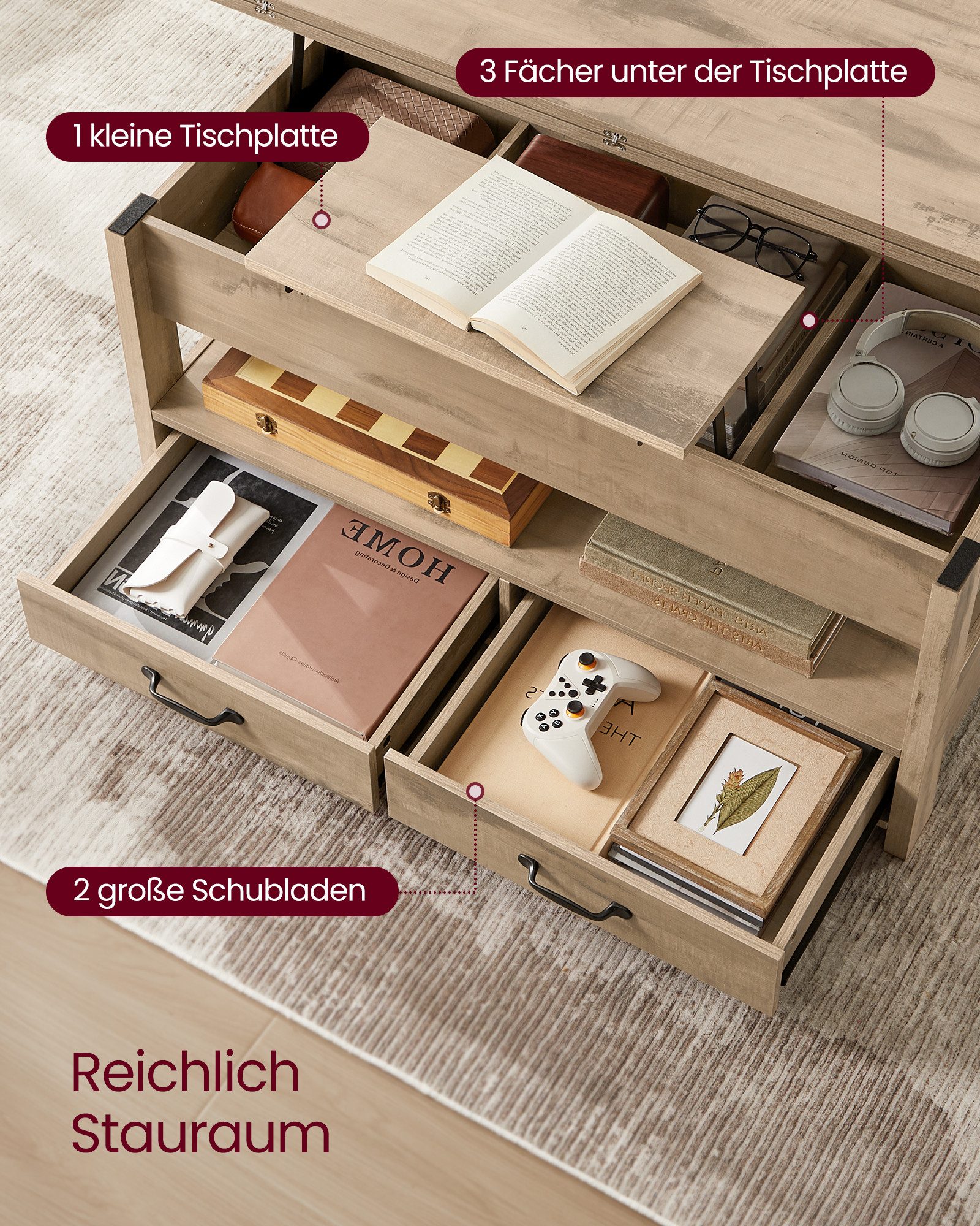 VASAGLE Couchtisch höhenverstellbar mit 2 hochklappbaren Tischplatten, Stauraum (multifunktional, inkl. Zubehörpaket & Anleitung), 2 Schubladen und Ablage, Wohn – Bild 5 von 5