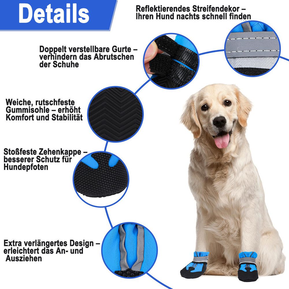 Ledander Pfotenschutz Rutschfeste Hundeschuhe mit reflektierenden Riemen,verstellbar, (4-tlg), waschbar, Pfotenschützer für kleine, mittlere und große Hunde