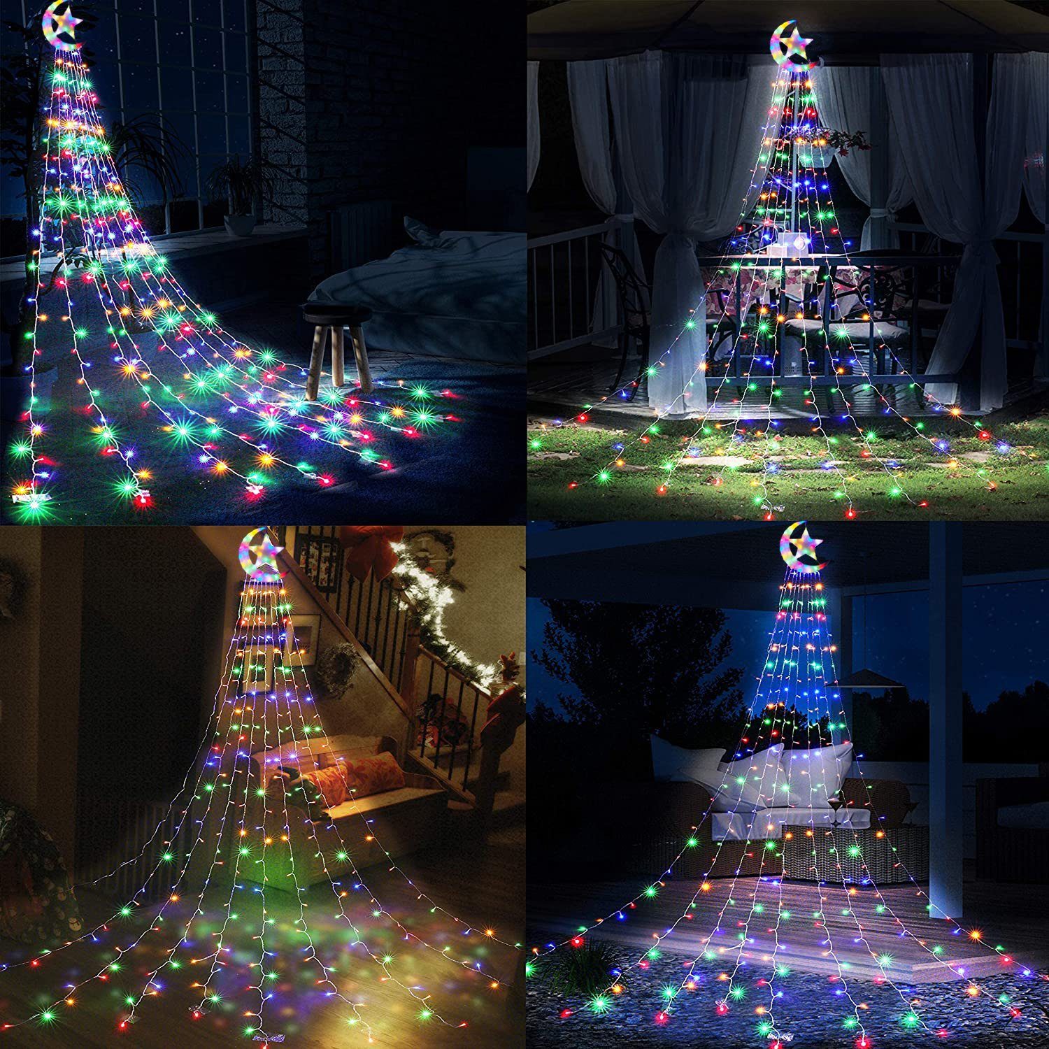 Sunicol LED-Baummantel 3.4M 350 LED wasserdicht Party Energiesparen, Mond Stern 8 Wasserfall mit und Weihnachtsbaum 31V Multicolor- Garten, Modi, Beleuchtung,Außen