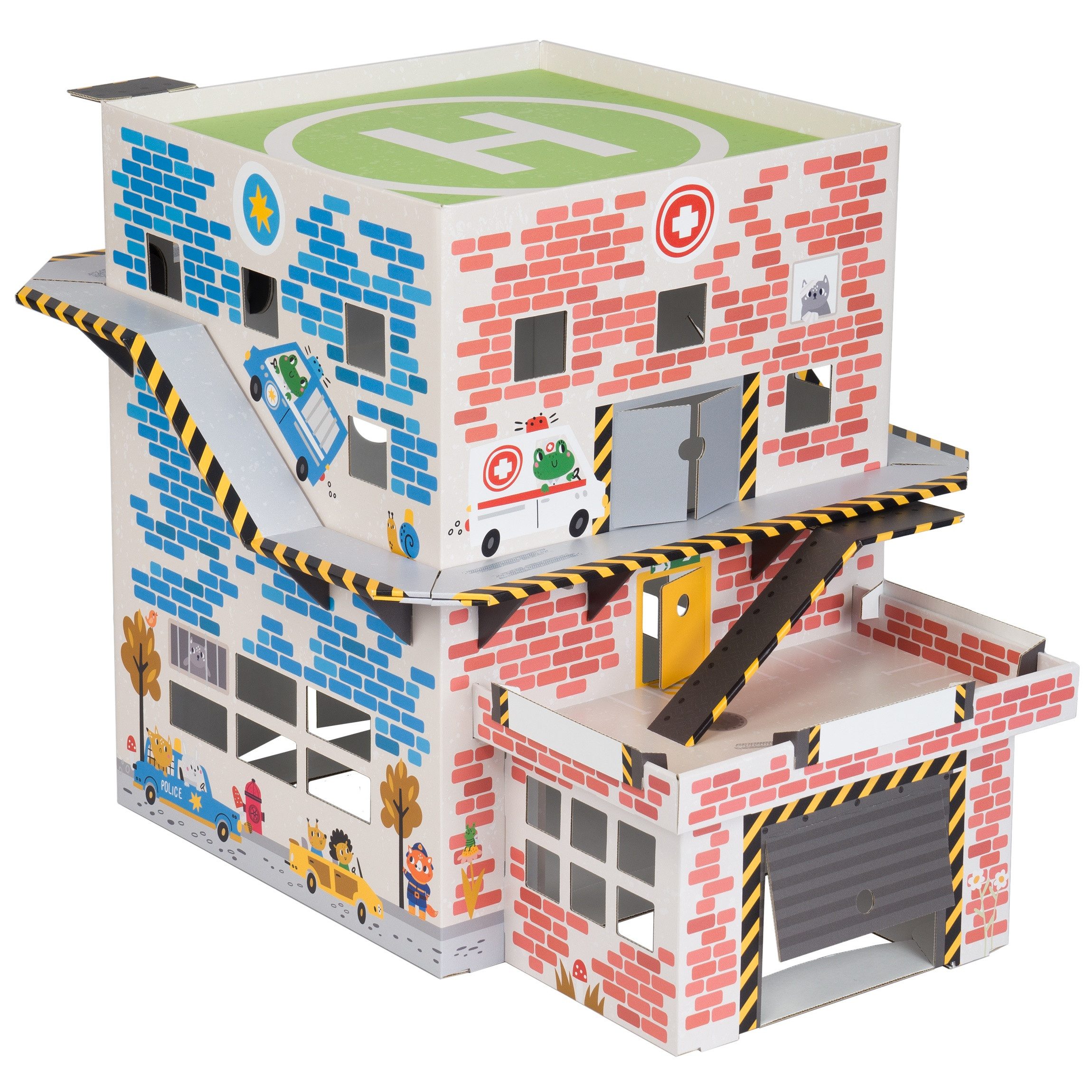 FOLDZILLA Spielhaus 3in1 Spielhaus Feuerwehr, Polizei, Krankenhaus, Umlaufende Fahrbahn und Hubschrauberlandeplatz