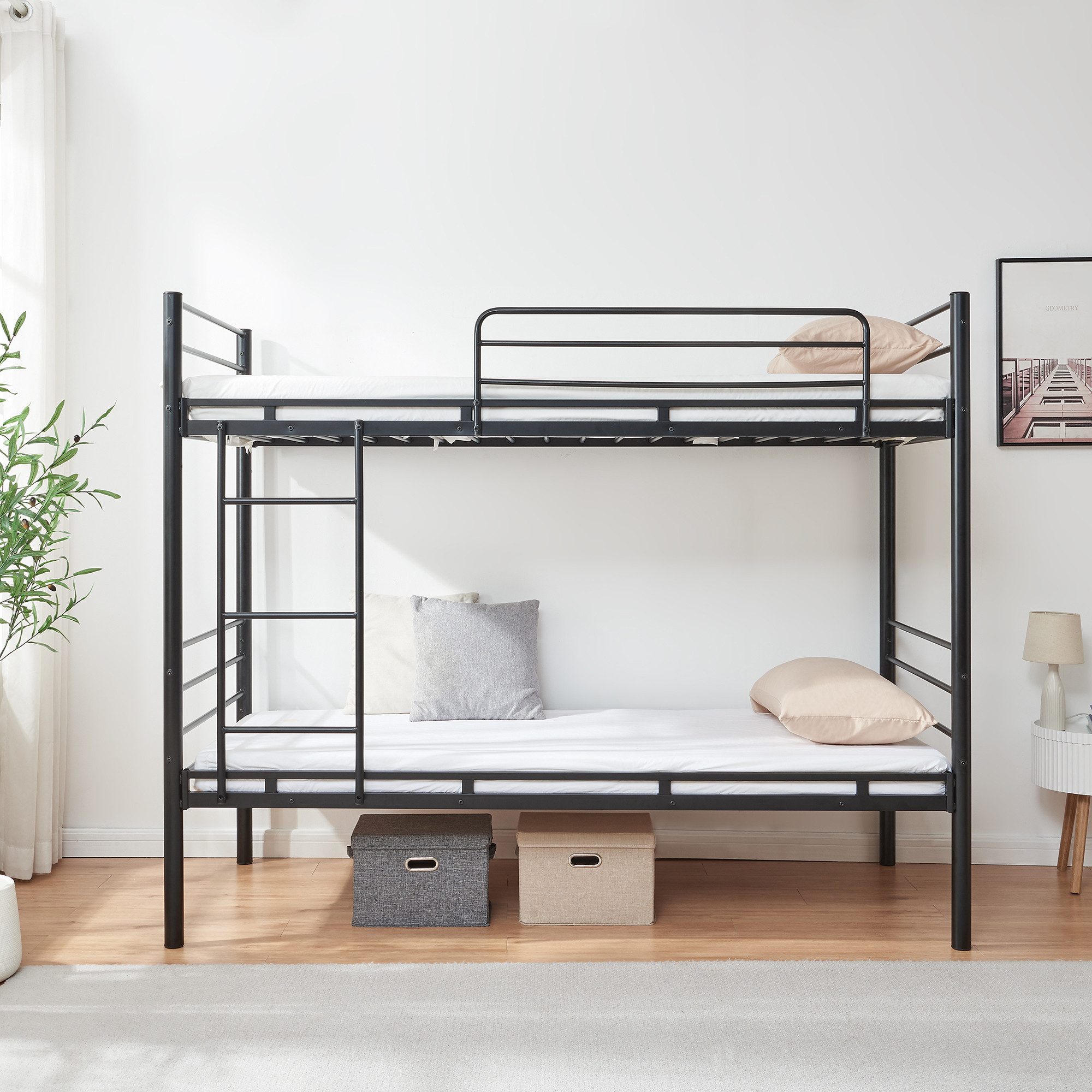 en.casa Etagenbett, »Bevapis« 90 x 200 cm mit Rausfallschutz und Leiter Metall Schwarz
