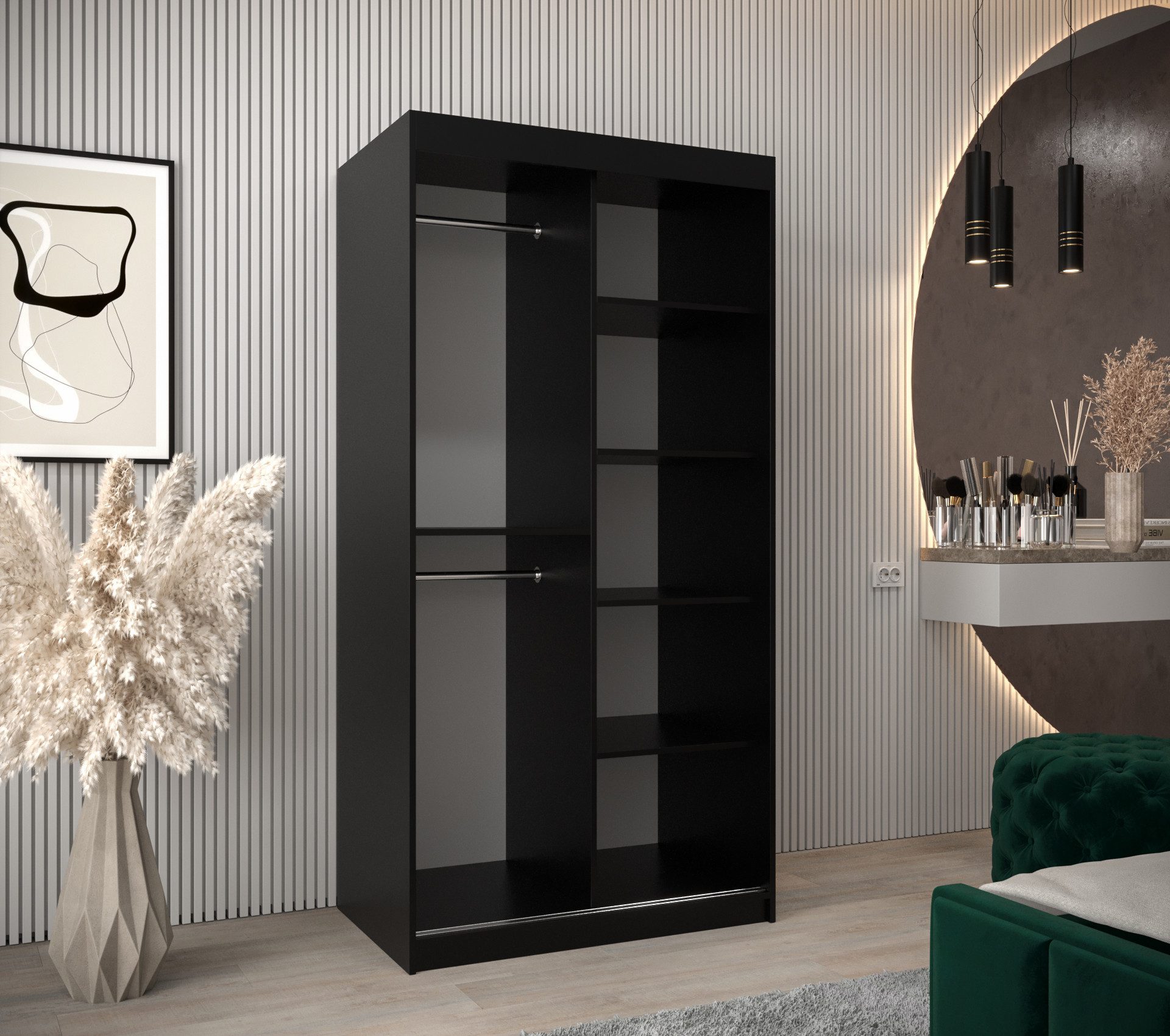 MOEBLO Schiebetürenschrank MEGRA (mit Spiegel, mit/ ohne Schubladen, Schwebetürenschrank Schrank Garderobe Schiebtüren Schlafzimmer Wohnzimmerschrank) (BxHxT):100/120/150/180/200/250x200x62 cm
