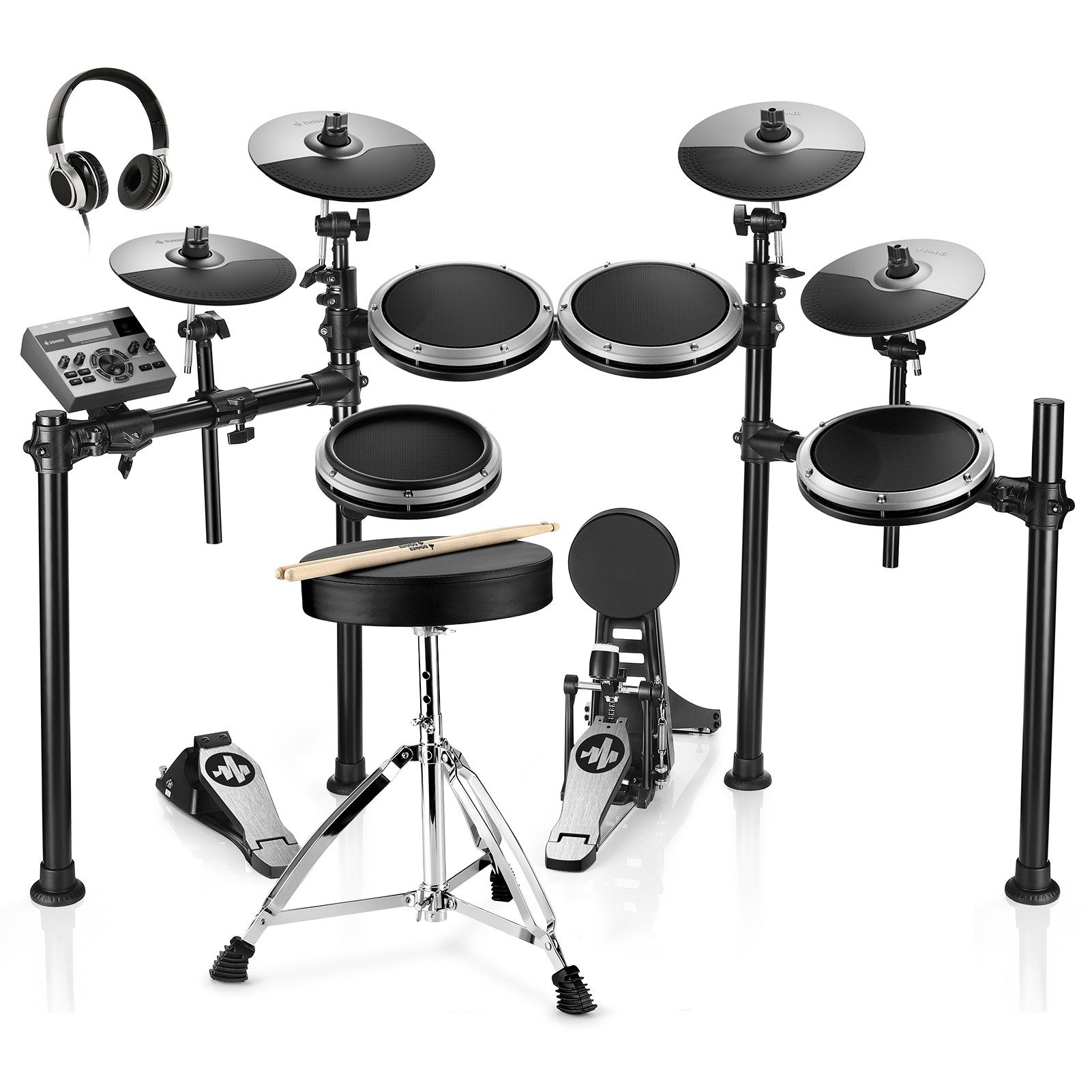 Donner E-Drum E-Schlagzeug 450 Sounds mit Thron Pedale Kopfhörer Unterricht DED-200,Set, Trommelhocker/Drumsticks/Kopfhörer/Audiokabel, 5 Trommeln und 4 Becken