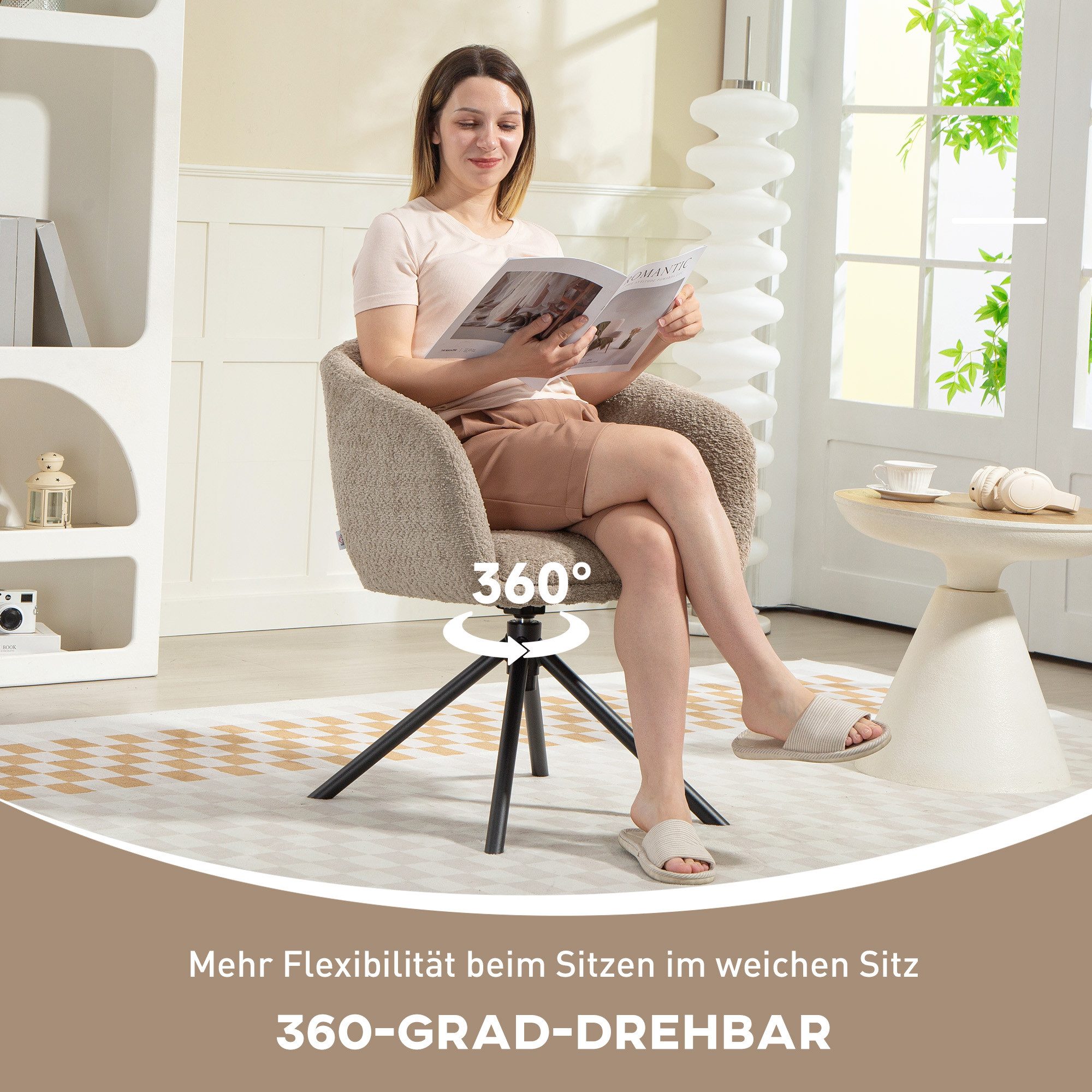 HOMCOM Relaxsessel Sessel Loungesessel mit Metallbeine Lesesessel mit Chenille-Optik (Polsterstuhl mit bequemer Sitzschale, 1-St., Drehbarer Akzentstuhl), kusch – Bild 4 von 5