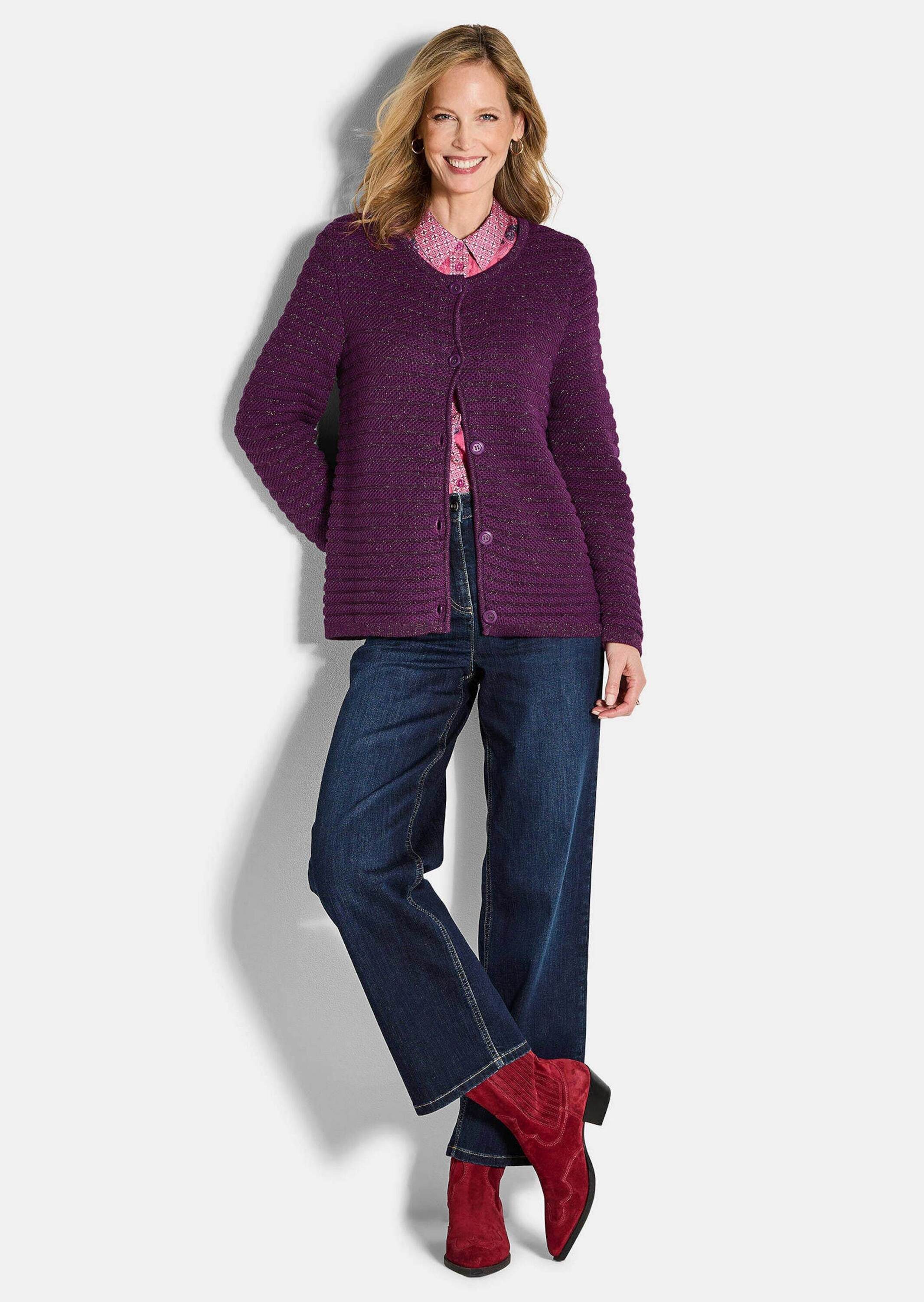 GOLDNER Strickjacke Elegante Strickjacke mit Lurex, Langarm Cardigan in Rippenstruktur mit Rundhals, tonigen Knöpfe, Glanzeffekt