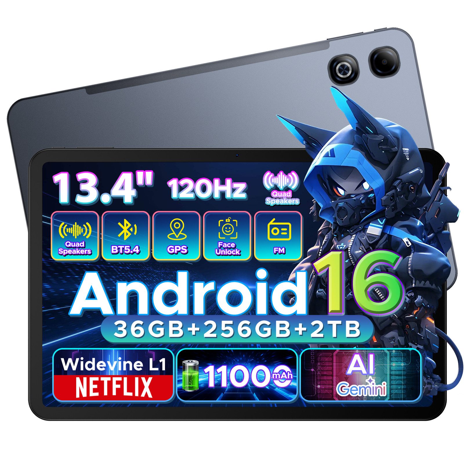 DOOGEE U13Pro Android 16 Tablet 13 Zoll, 11000mAh, 120HZ, 256GB ROM, 5G WiFi Tablet (13.4", 256 GB, Android 16, Wifi, 36GB RAM (6+30GB erweitert), Gemini AI, 13MP, Widevine L1/Face ID/GPS)