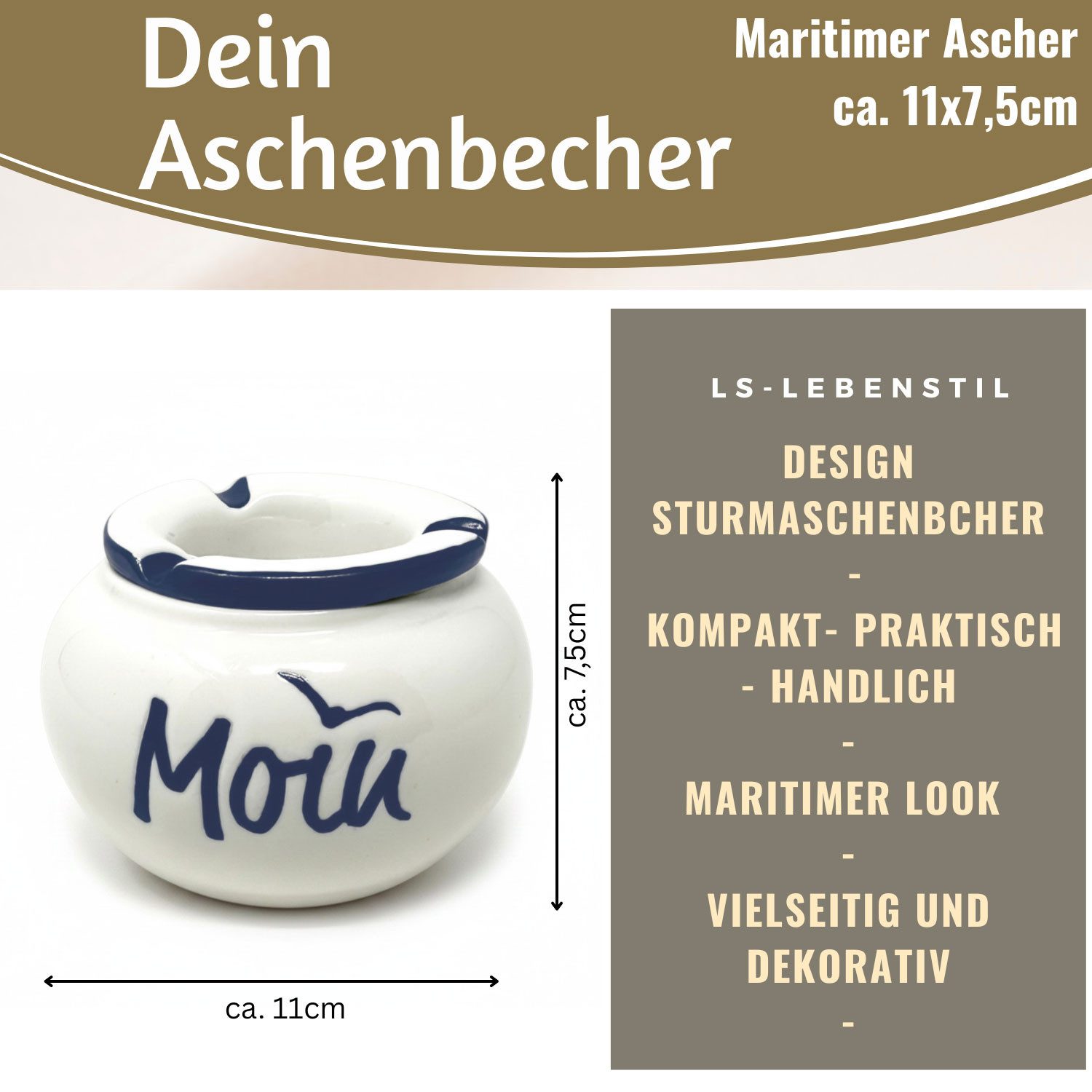 LS-LebenStil Aschenbecher Sturmaschenbecher Moin 10x7,5cm Maritim Weiß Blau mit Deckel, Windaschenbecher Ashtray Tischaschenbecher Garten Balkon Deko