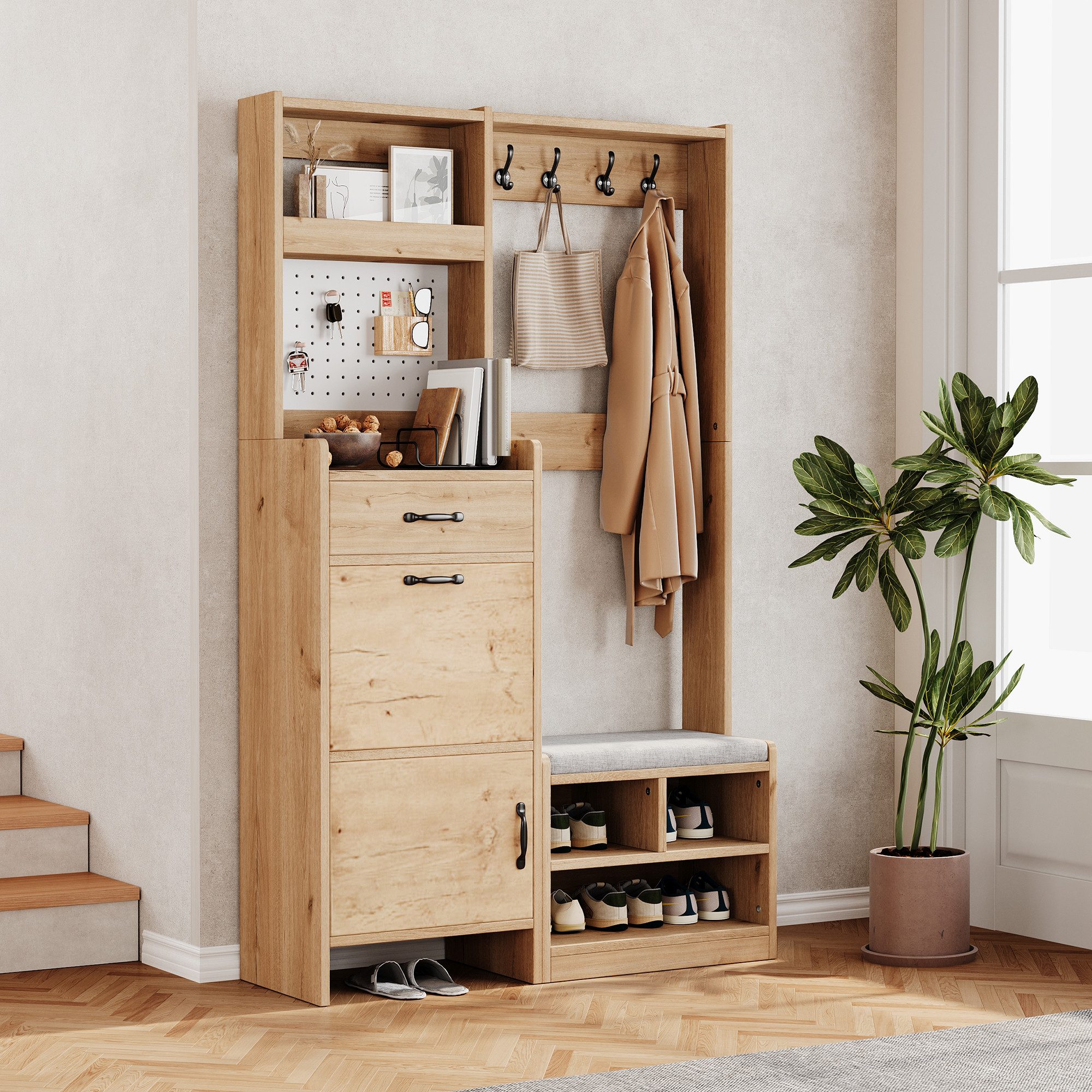 HAUSS SPOLE Garderoben-Set Wandgarderobe Flurgarderobe Set mit Schuhbank und Schubladen, (Wandgarderobe mit Lochwand und Stauraum, 1-St., B108.5 x T35 x H180 cm, 1-St., Spanplattenkonstruktion), mit Sitzbank, 4 Kleiderhaken, 2 Türen und Schublade