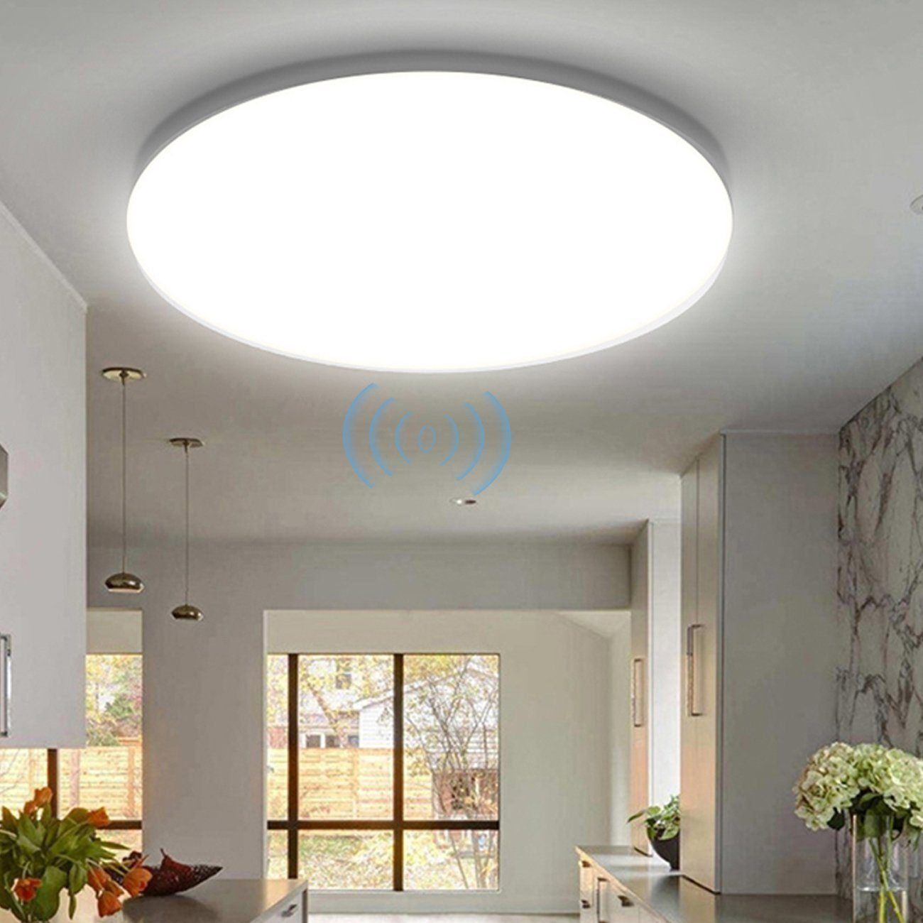 LETGOSPT Deckenleuchte LED Deckenleuchte mit 360° Sensor einstellbar Weiß 2000  Lumen 6500K, LED fest integriert, Ø24cm x 5cm, für Badezimmer,  Ankleideraum, Wohnzimmer, Schlafzimmer