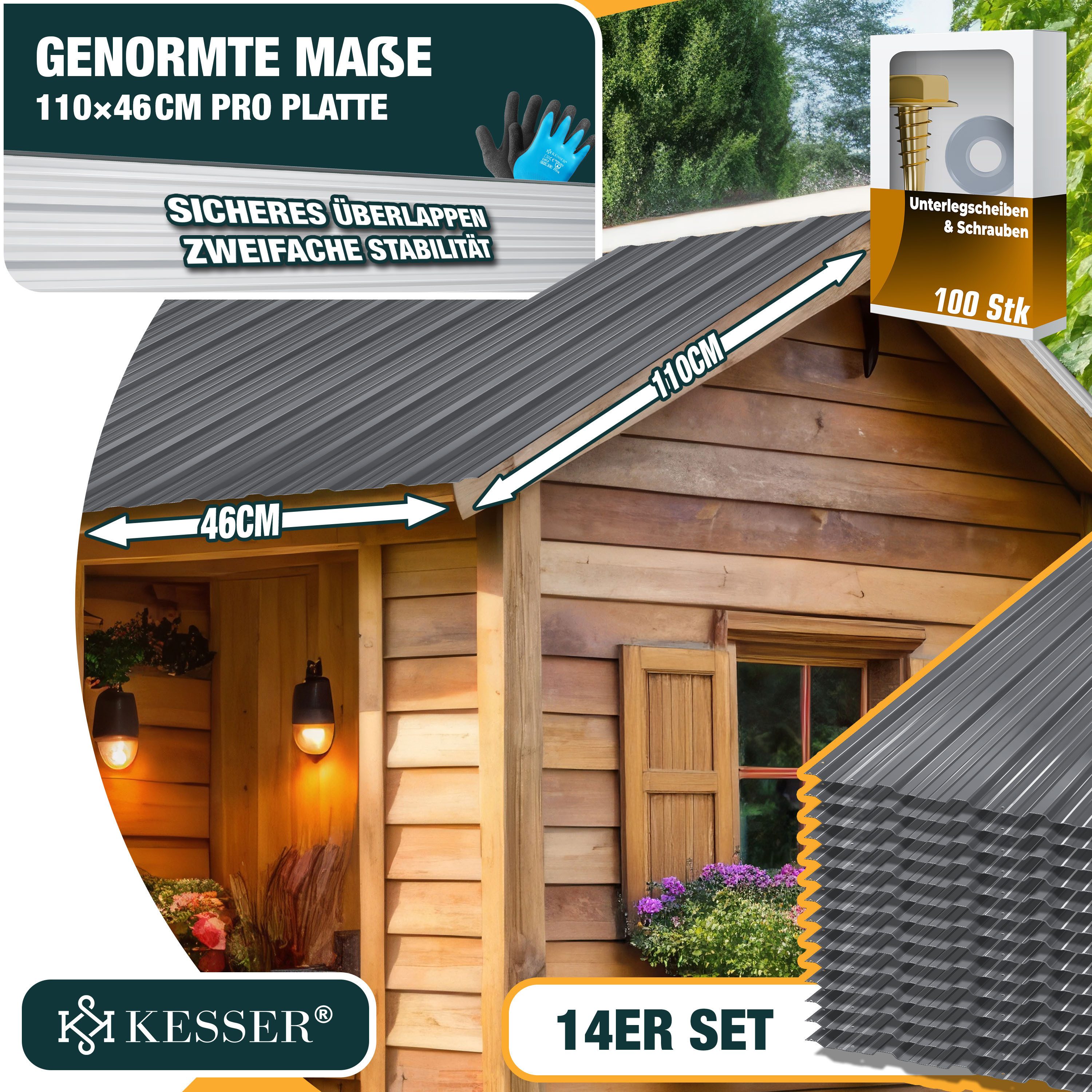 KESSER Trapezblech 14x Profilblech 110cm x 46cm = 7 m², Metall, (14er Set Dachbleche für Gerätehaus inklusive Montagehandschuhe) Dachplatten aus verzinktem Stahl 0,25mm