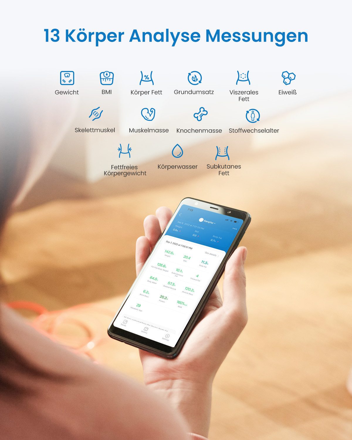 RENPHO Körper-Analyse-Waage Elis Solar 2 Smart Body Scale A020, Smarte Solar-Körperanalysewaage mit 13 Körpermessungen – Bild 4 von 5