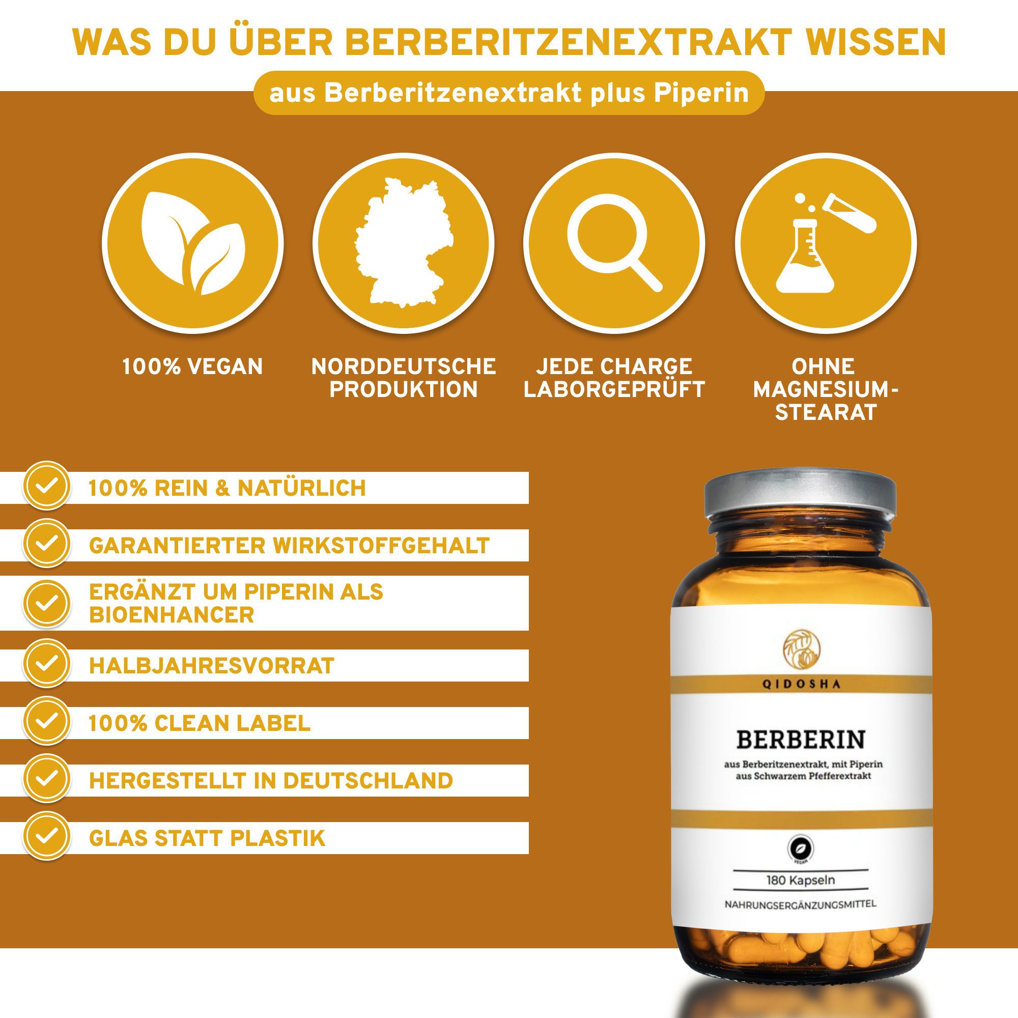 QIDOSHA Berberin 97 % mit Piperin Kapseln Hartkapsel, 1 er 180 St., 112 g, Berberitzen-Extrakt mit Piperin