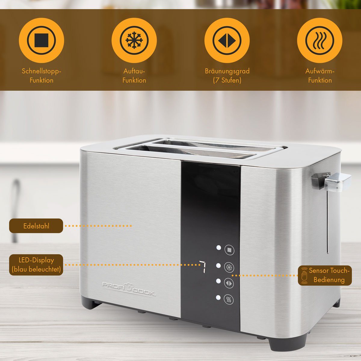 Senor Edelstahl Scheiben, 1250, PC-TA Touch-Bedienung, ProfiCook mit Toaster Toaster 2