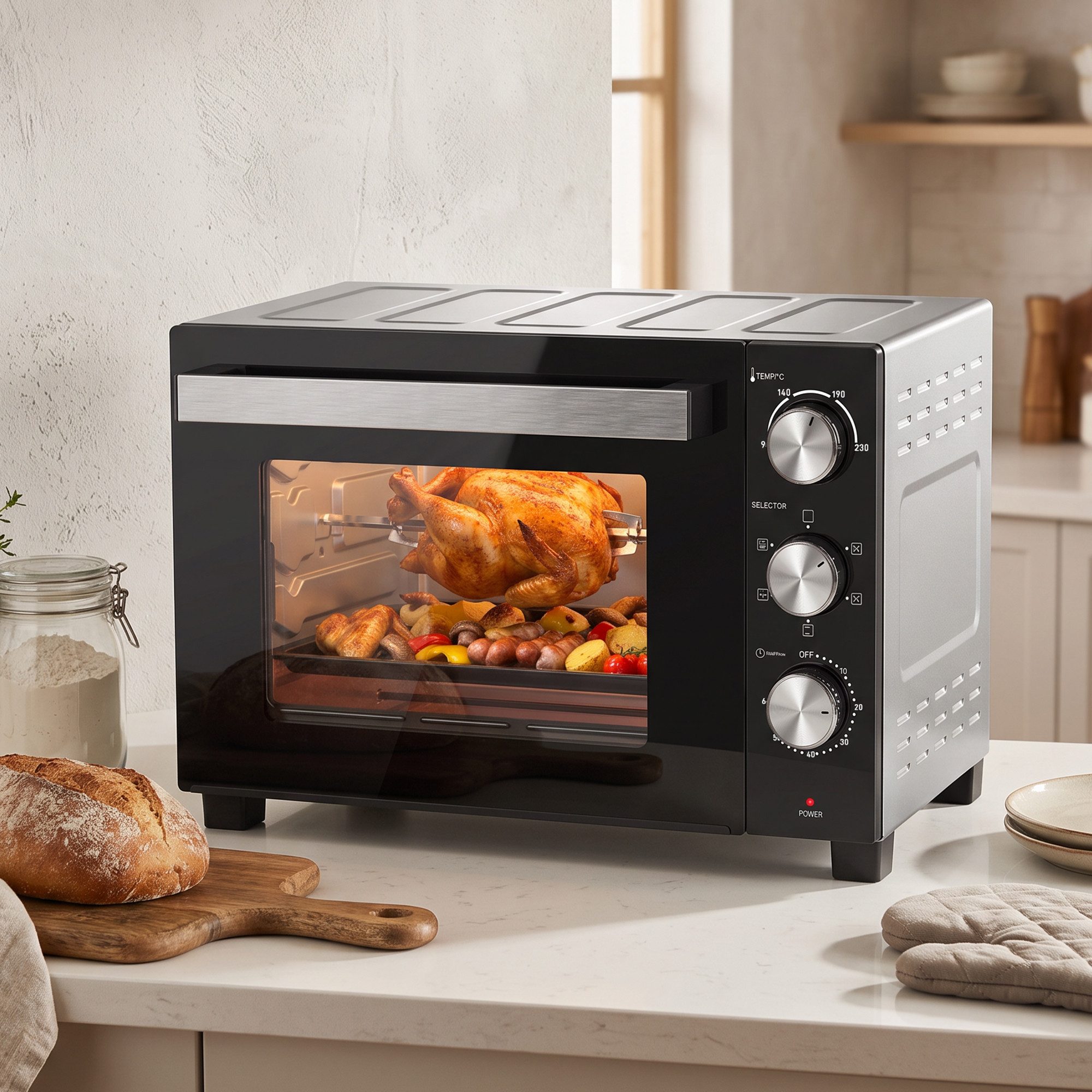 HOMCOM Minibackofen Minibackofen mit 60 Min. Timer, Vorheizen und Zubehör, Silber, 36 l, Umluft, Drehspieß, 1500 W