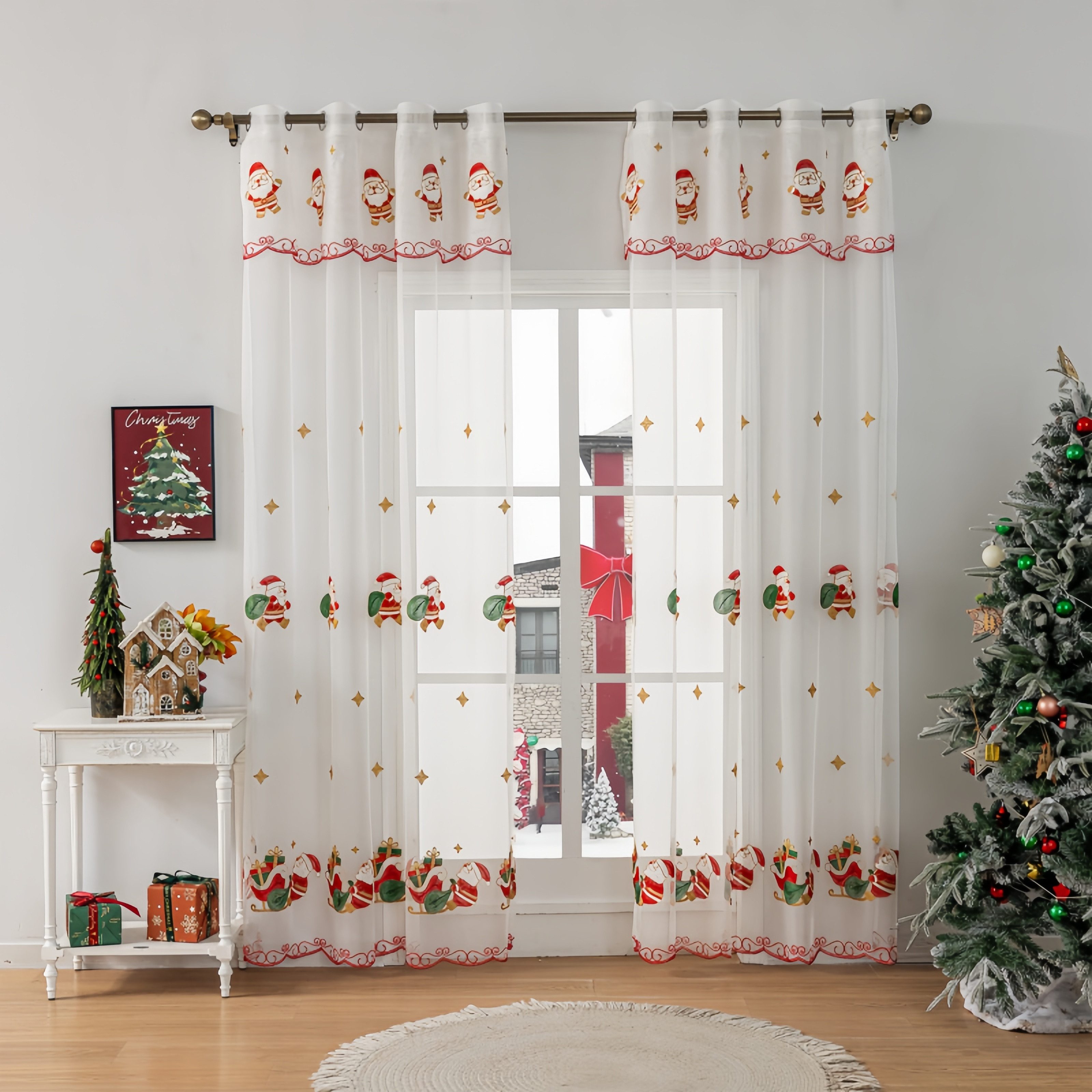 FOUORTUNATE-BEE Gardine Weiße transparente Weihnachtsgardinen mit Stickerei, 2er Set, Winterliche Fertiggardinen für Wohnzimmer und Schlafzimmer, weiß