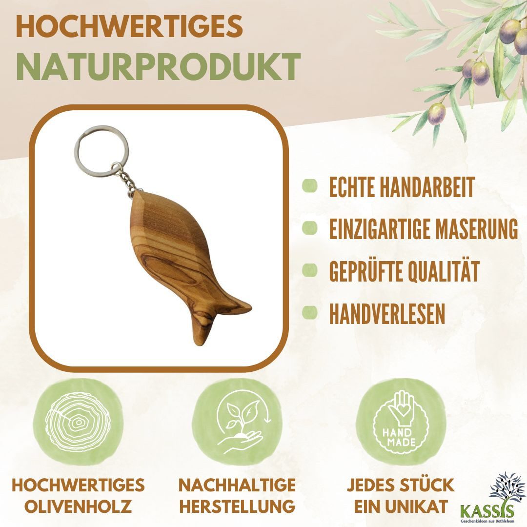 Kassis Geschenkartikel Schlüsselanhänger Olivenholz Schlüsselring Fisch Handschmeichler Glücksbringer Talisman, handgefertigt in Bethlehem, Geschenk zu mehreren Anlässen