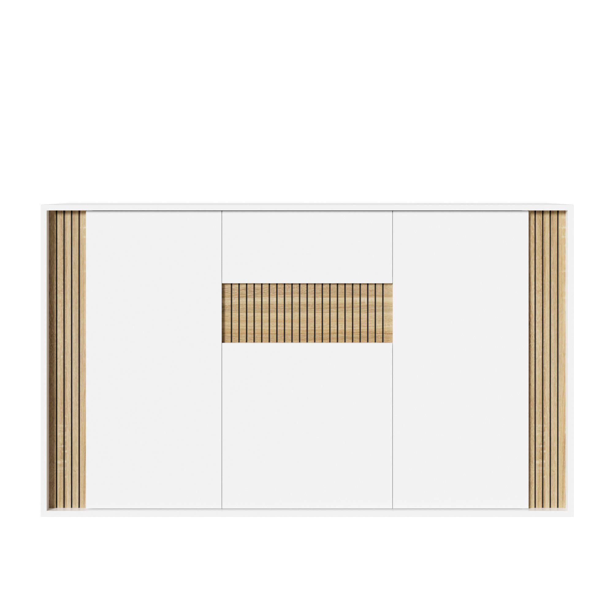 Flieks Kommode mit verstellbarer LED-Beleuchtung, 1 Schublade und 3 Türen (140×40×82 cm, 1 St), Sideboard Mehrzweckschrank Multifunktionsschrank Holzoptik&Weiß – Bild 5 von 5