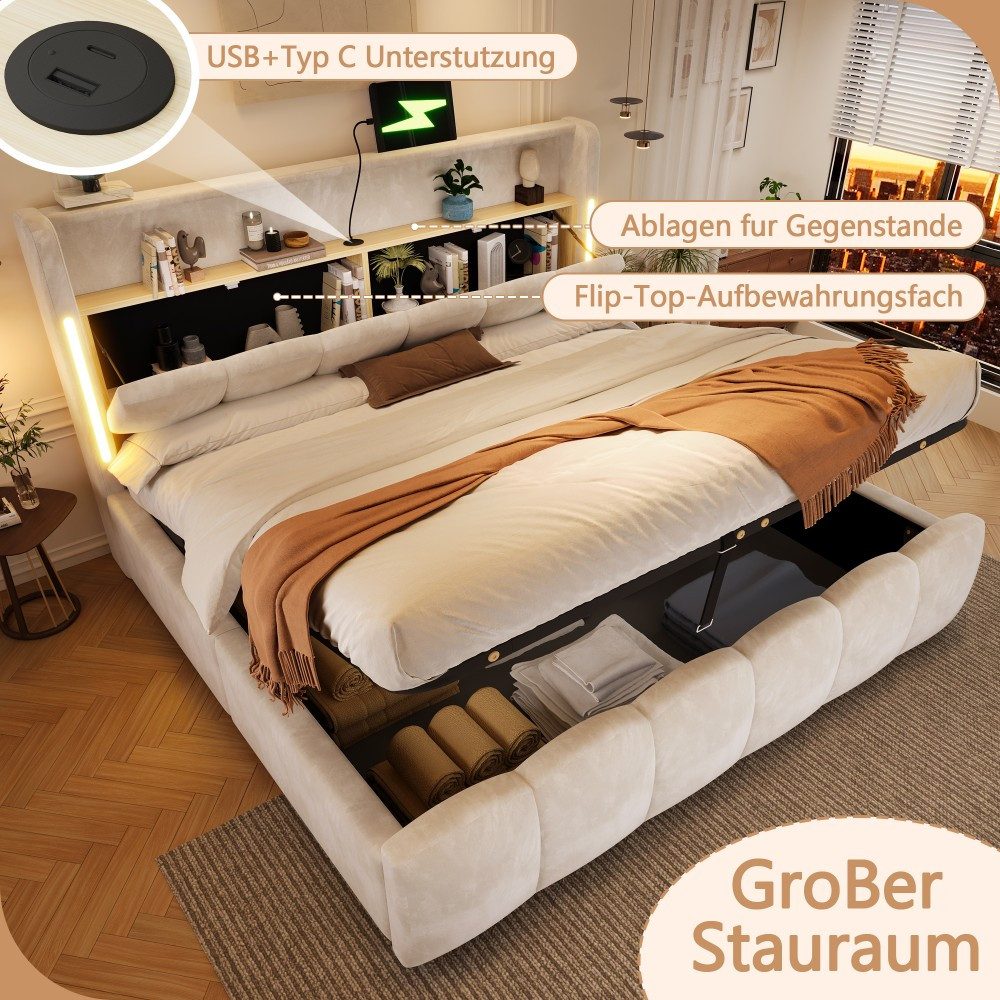 TavilaEcon Polsterbett 180×200cm mit hydraulisches Stauraum und USB- und Typ-C-Anschlüssen (1-tlg), Kopfteil mit Staufach, 180×200cm, Beige – Bild 5 von 5