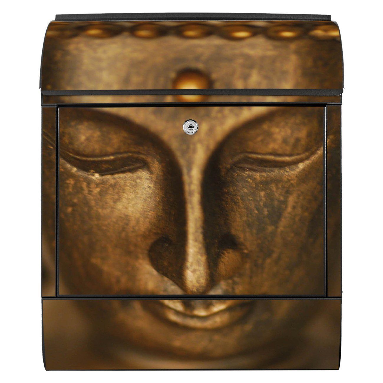 14cm Buddha 47 x mit x 39 (Wandbriefkasten Zeitungsfach), banjado schwarz witterungsbeständig, pulverbeschichtet, Gold Wandbriefkasten Stahl