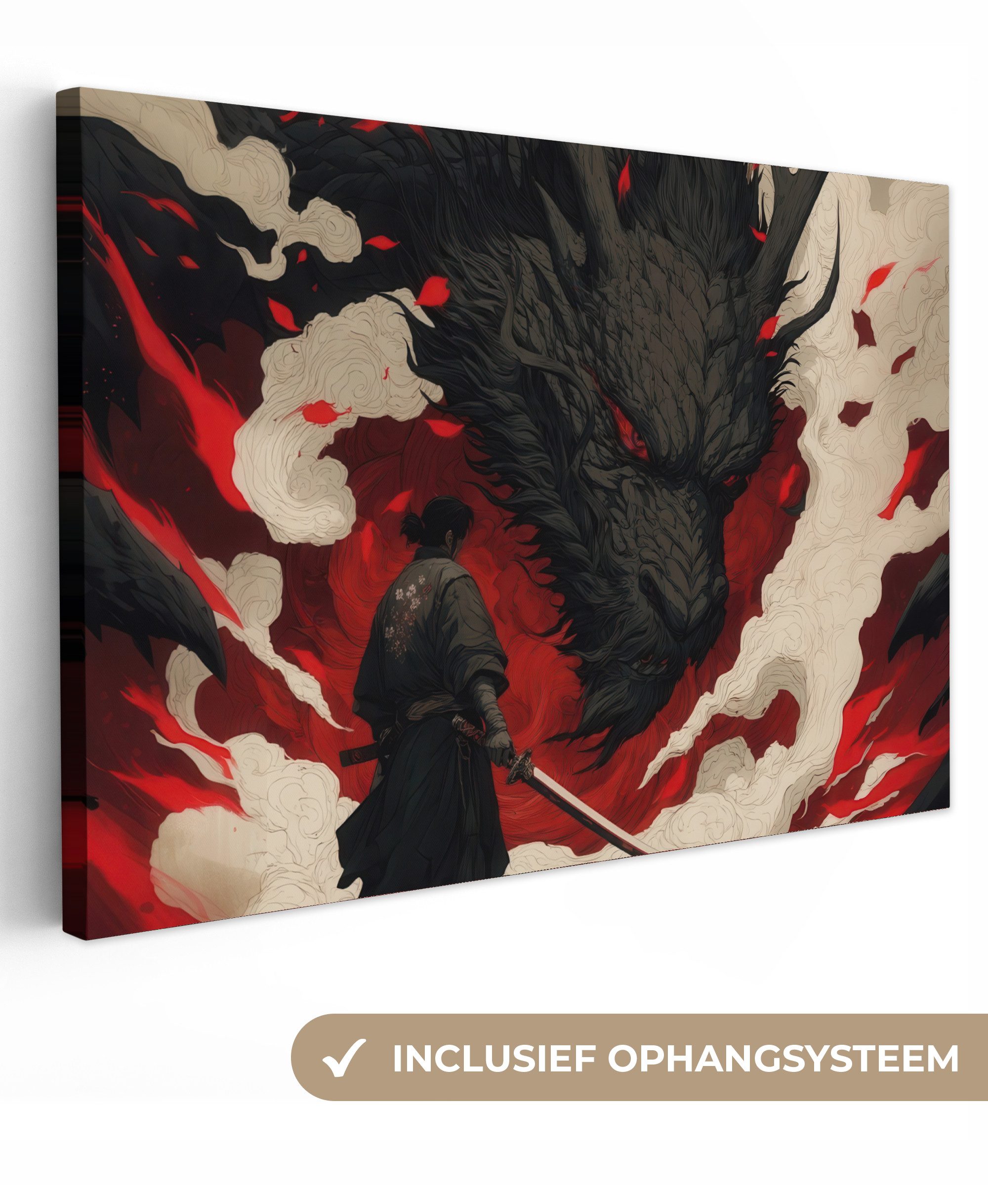 OneMillionCanvasses® Leinwandbild Krieger - Drache - Schwarz - Rot - Rauch, Fotodruck (1 St), Leinwand Bilder groß für Wohnzimmer 140x90 cm