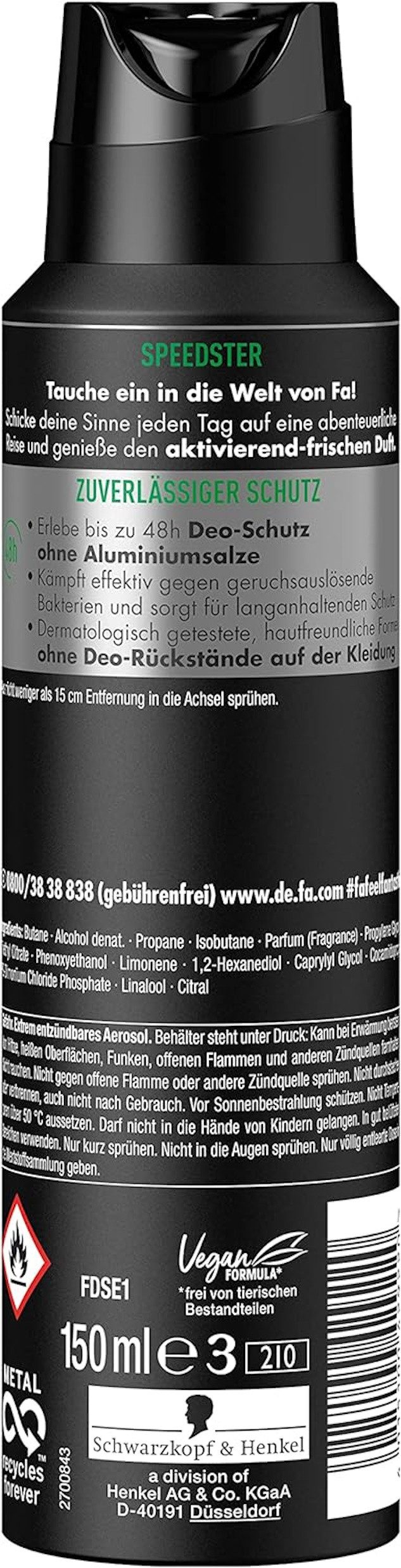 FA Deo-Spray Men Speedster 150 ml, Deospray mit aktivierend-frischem Duft & ohne Aluminiumsalze