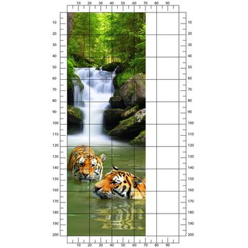 wandmotiv24 Türtapete badende Tiger, Wasserfall, Dschungel, glatt, Fototapete, Wandtapete, Motivtapete, matt, selbstklebende Dekorfolie