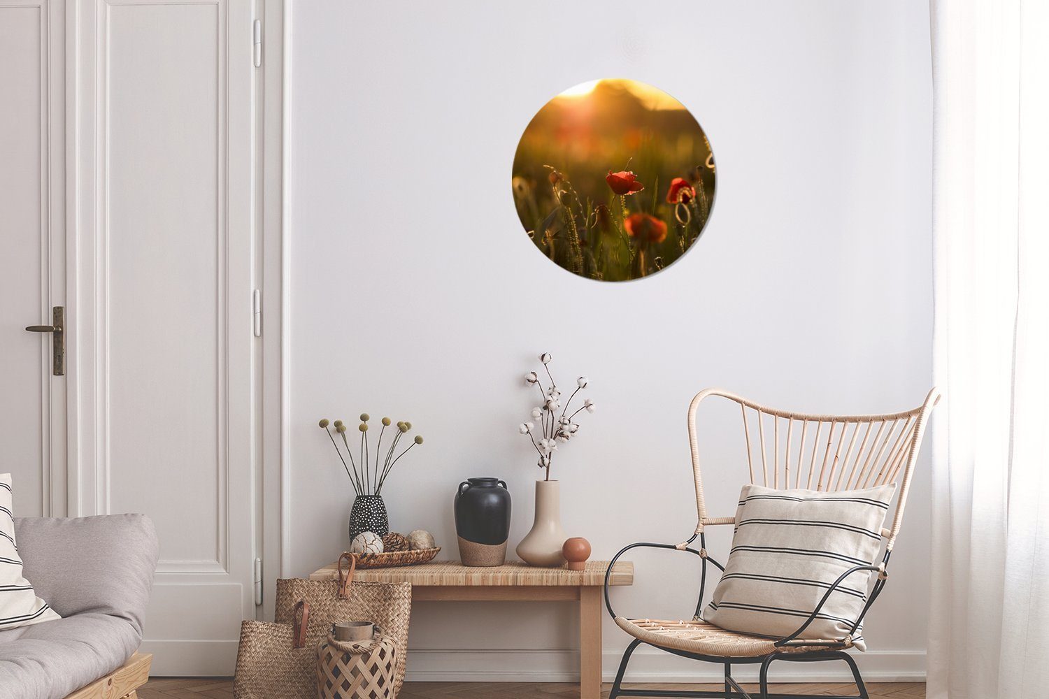 für St), MuchoWow Tapetenaufkleber, Wohnzimmer Sonnenuntergang Rund, - Mohn Gold Tapetenkreis Wandsticker Kinderzimmer, - (1