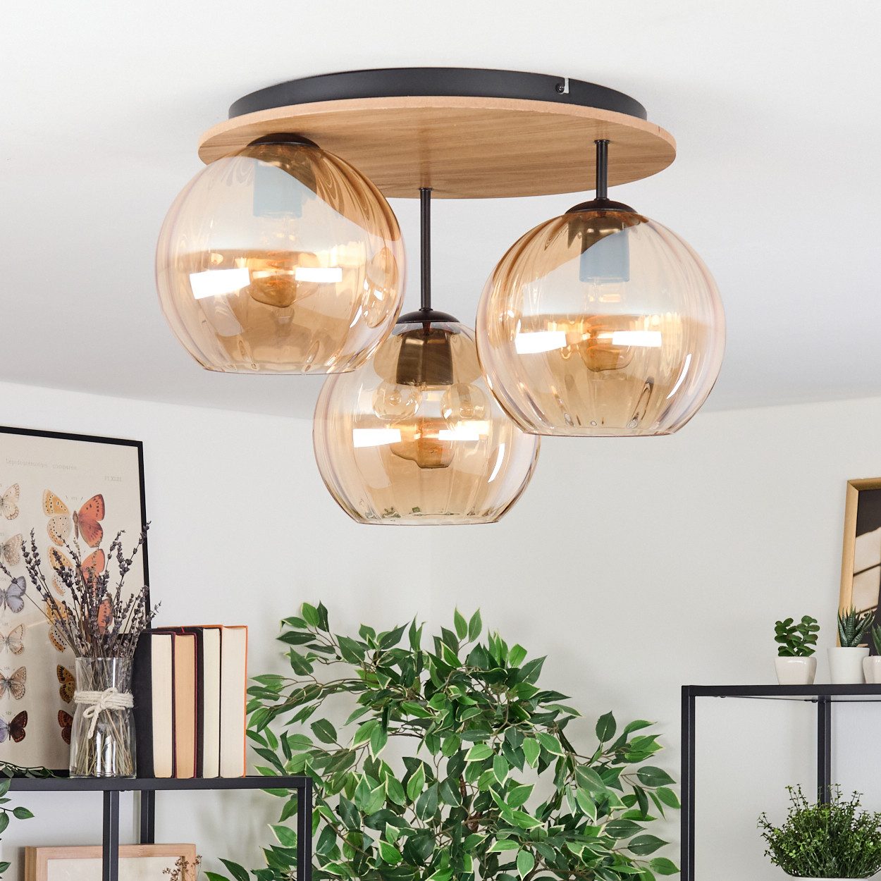 hofstein Deckenleuchte Deckenlampe aus Metall/Holz/Riffelglas in Schwarz/Na günstig online kaufen