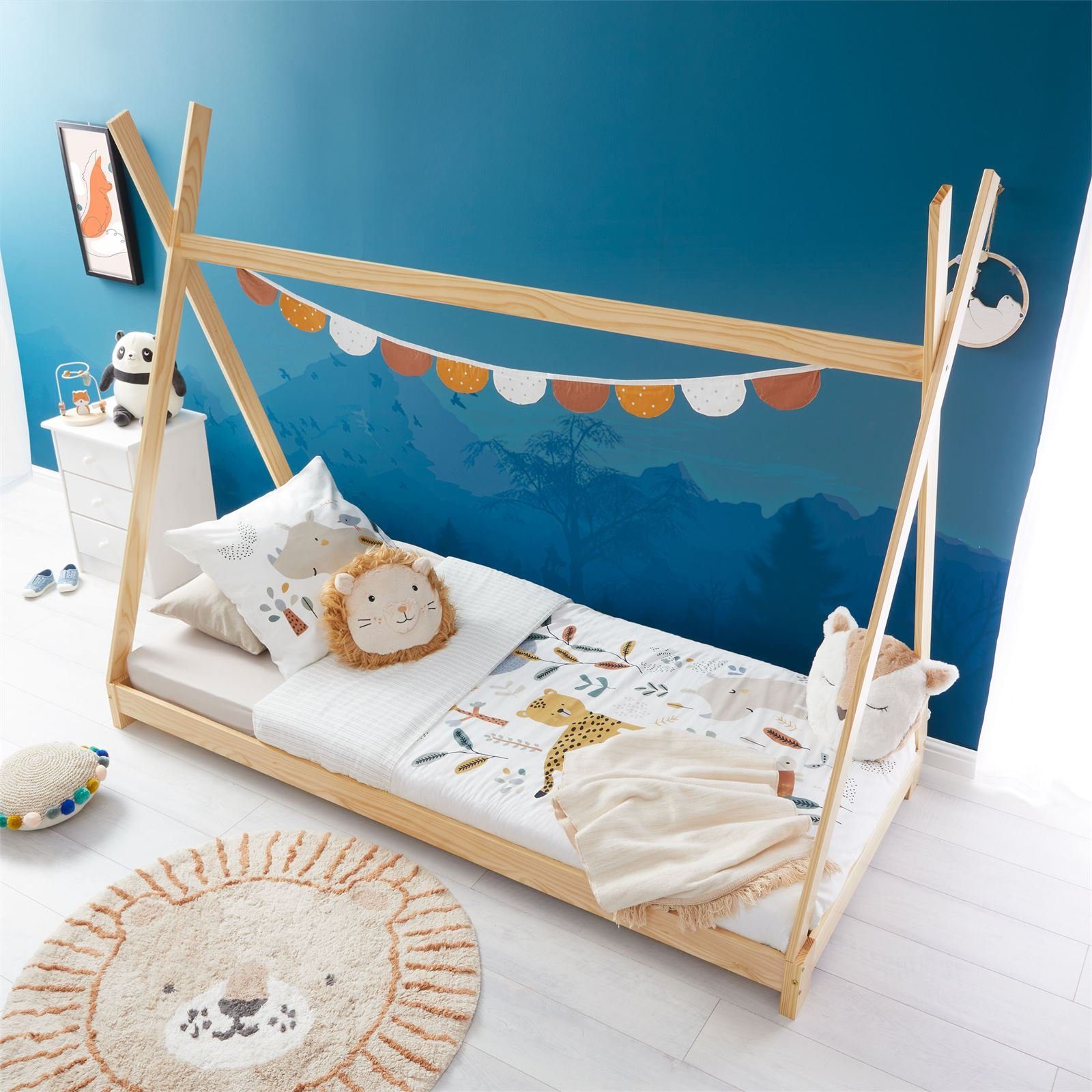 IDIMEX Kinderbett ELIN, Zeltbett Spielbett mit aus Tipi Hausbett Zelt Dach Tipibett Bett natur Kiefe