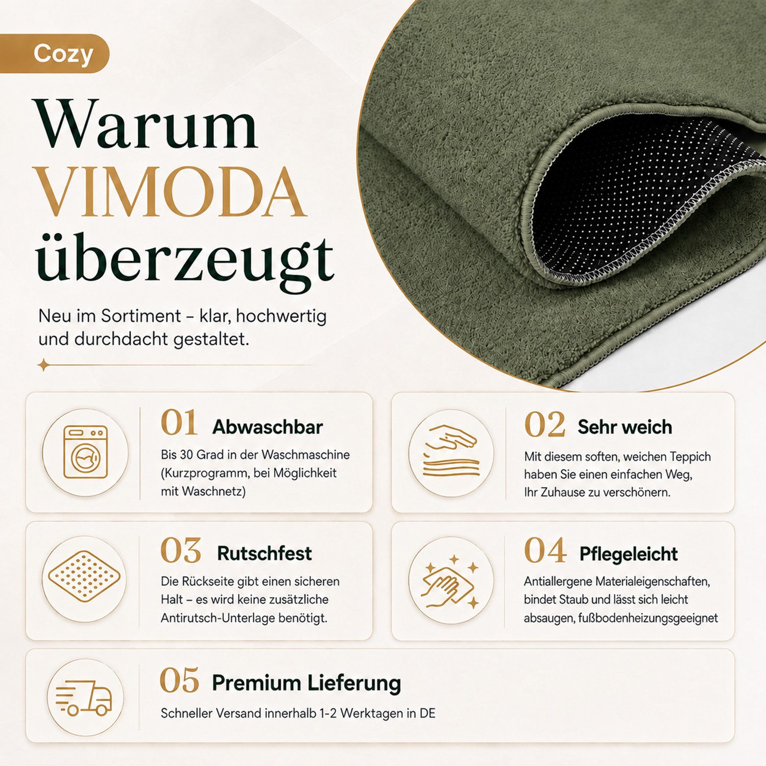 Vimoda Teppich Cozy Kurzflor Teppich – Angenehm warm & weich, waschbar & rutschfest, Rechteck, Höhe: 10 mm, Fellteppich Uni, Wohnzimmer, Schlafzimmer, kinderzim – Bild 5 von 5