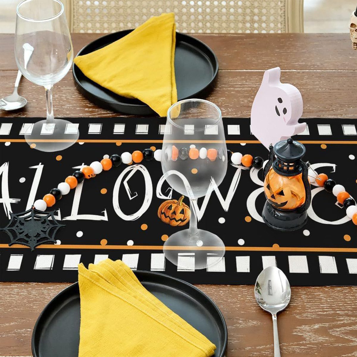 LAPAPRO Tischläufer Halloween Tischläufer Leinen mit Kürbis Gruselig Geist Candy Boo Druck, 1 Stück, 33 x 183 cm