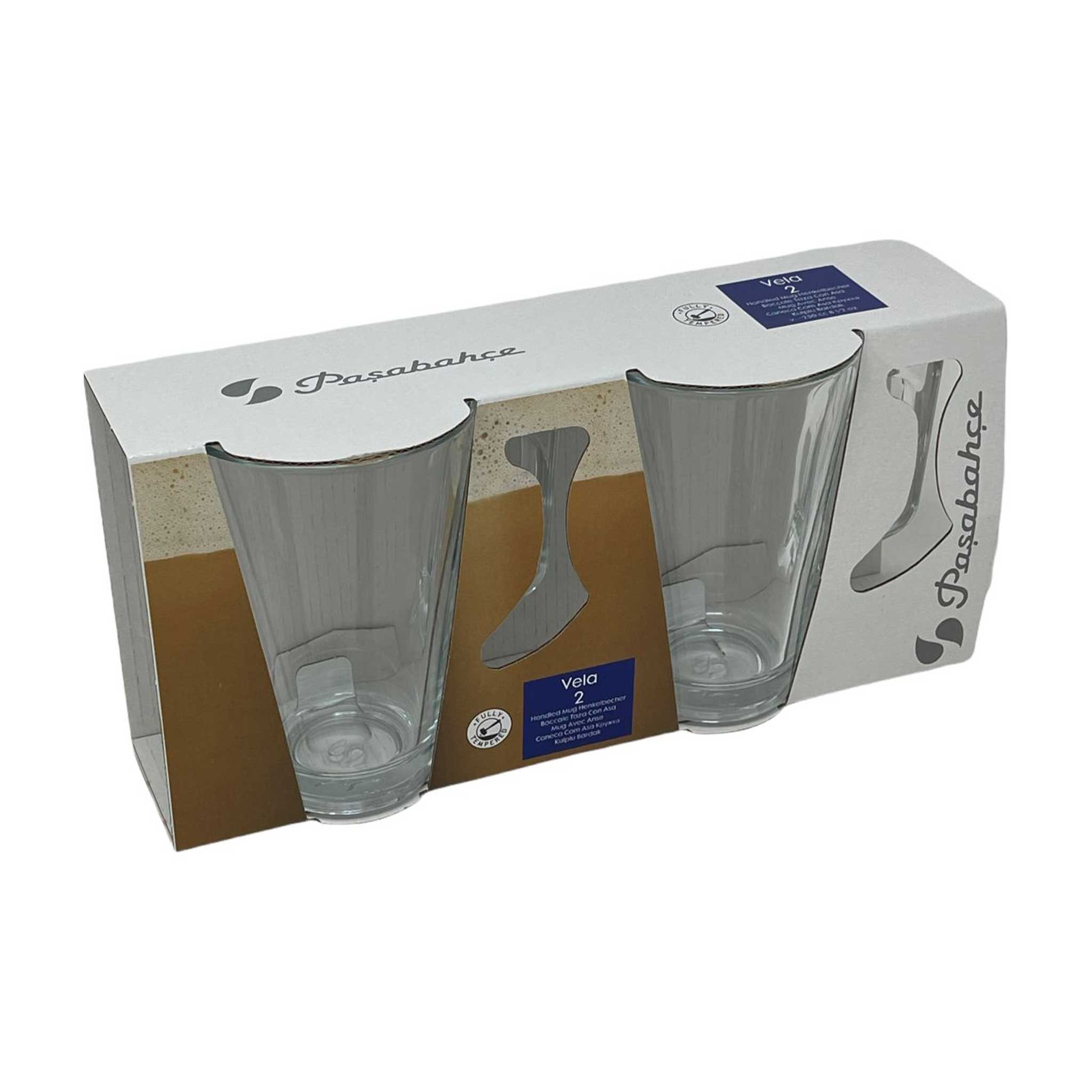 Pasabahce Gläser-Set Vela Glasbecher mit Henkel, 2-tlg., Glas, 2er set, 250ml, stapelbar & temperiert, ideal für Kaffee, Tee