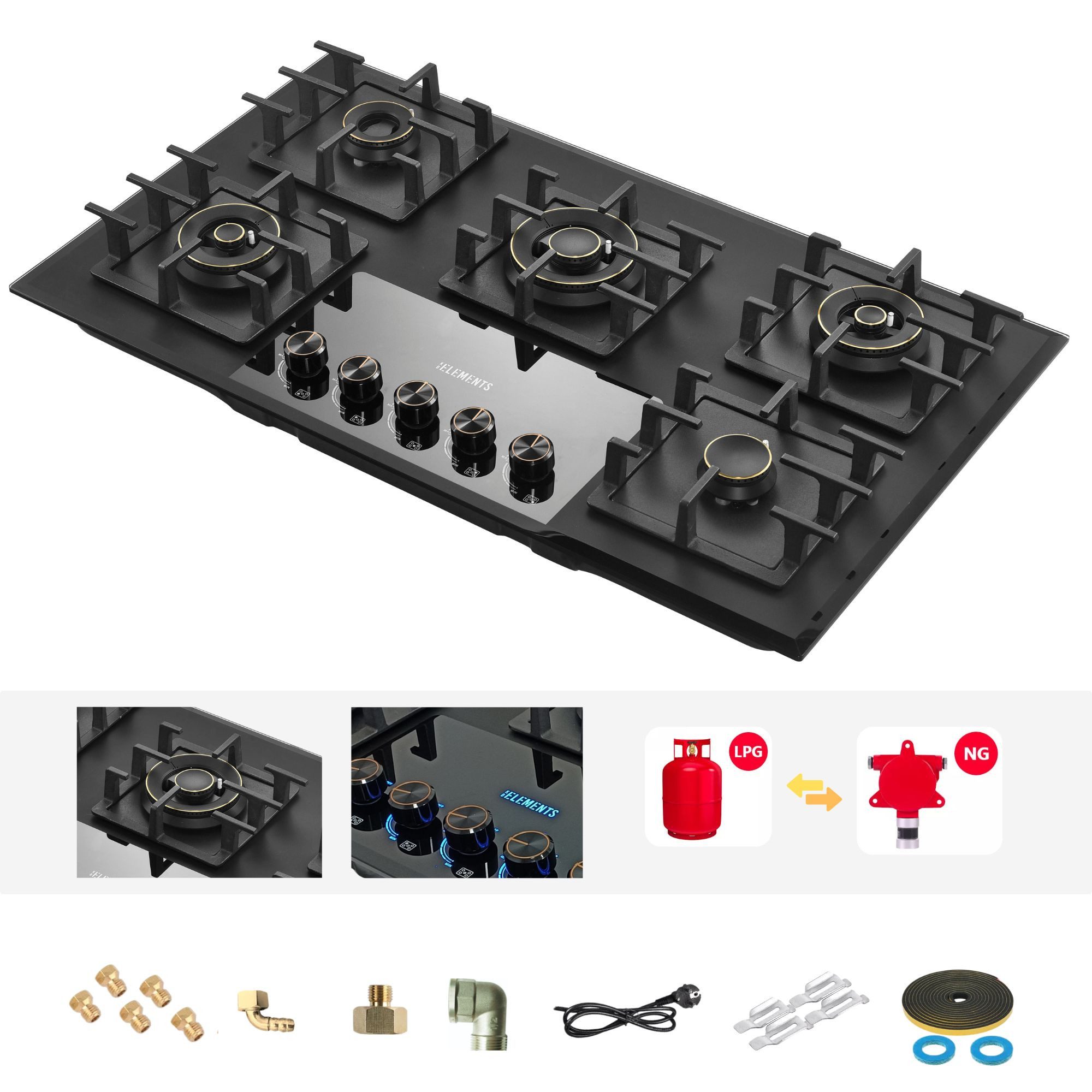 KB Elements Gas-Kochfeld ELK132GH5, Kupfer- und Aluminium-Brenner, Gusseisenrost, NG/LPG-kompatibel
