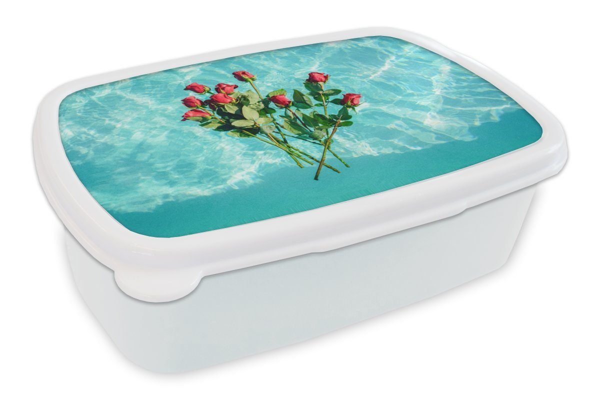 MuchoWow Lunchbox Rosen - Wasser - Blumen, Kunststoff, (2-tlg), Brotbox für Kinder und Erwachsene, Brotdose, für Jungs und Mädchen weiß