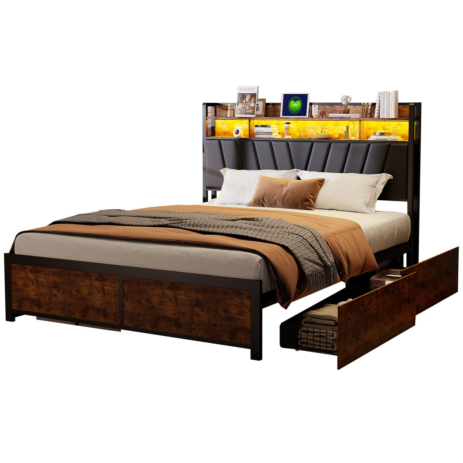 FUROKOY Polsterbett Doppelbett,Bettgestell (Holzbett mit Metall, 1-tlg., mi günstig online kaufen