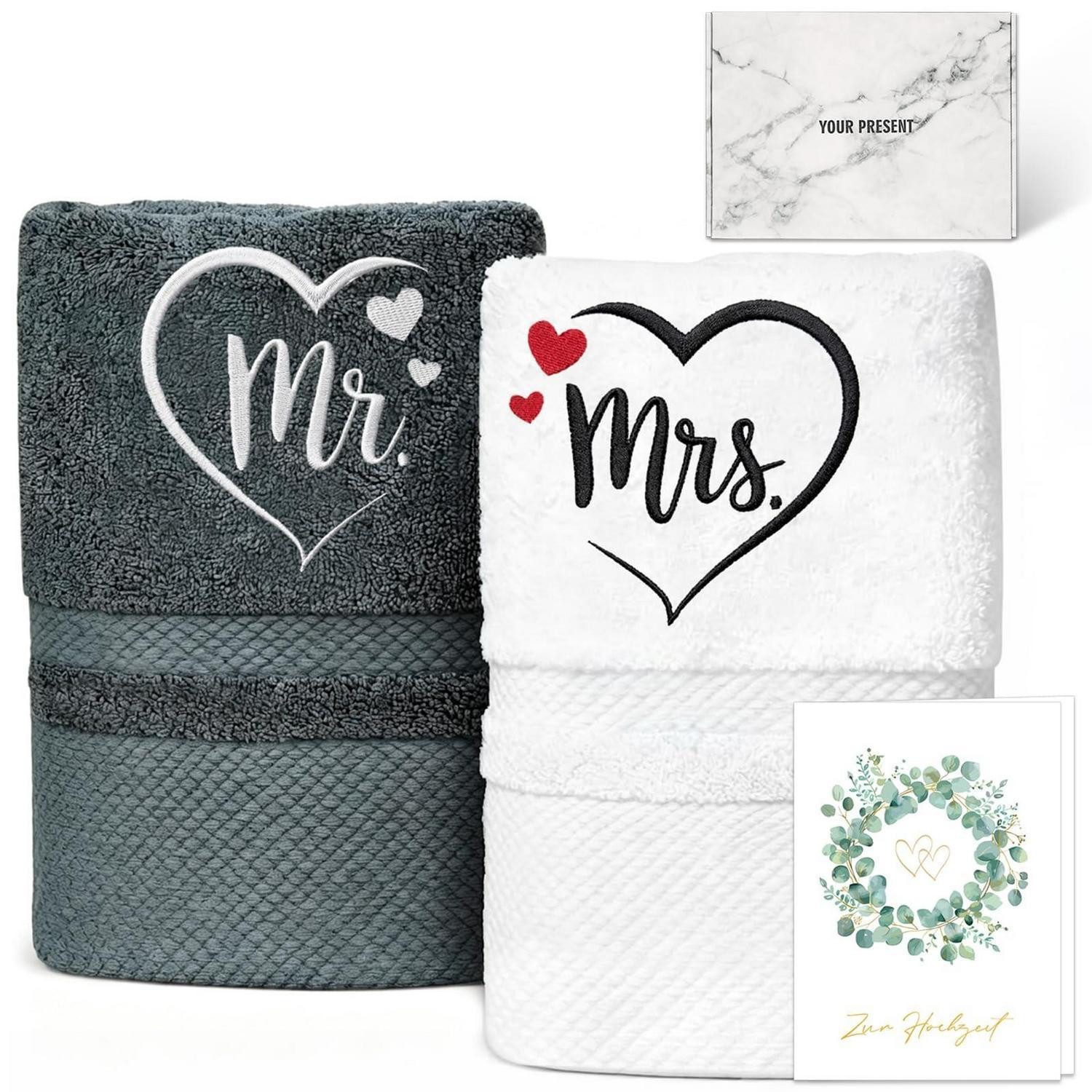 LuxusKollektion Handtuch Set Hochzeit Handtuch Set 2er Grau 35x75cm Baumwolle, (1-St)