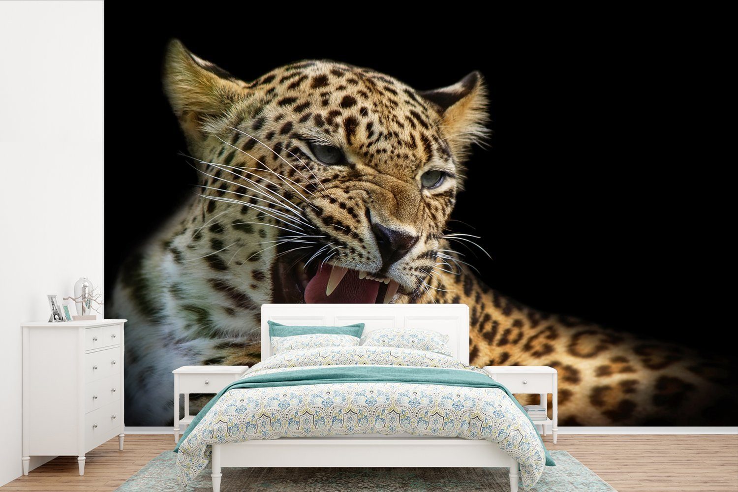 MuchoWow Fototapete Leopard - St), Wohnzimmer, Vinyl für Wallpaper - Schwarz, Tiere Schlafzimmer, Tapete Kinderzimmer, (6 Matt, bedruckt
