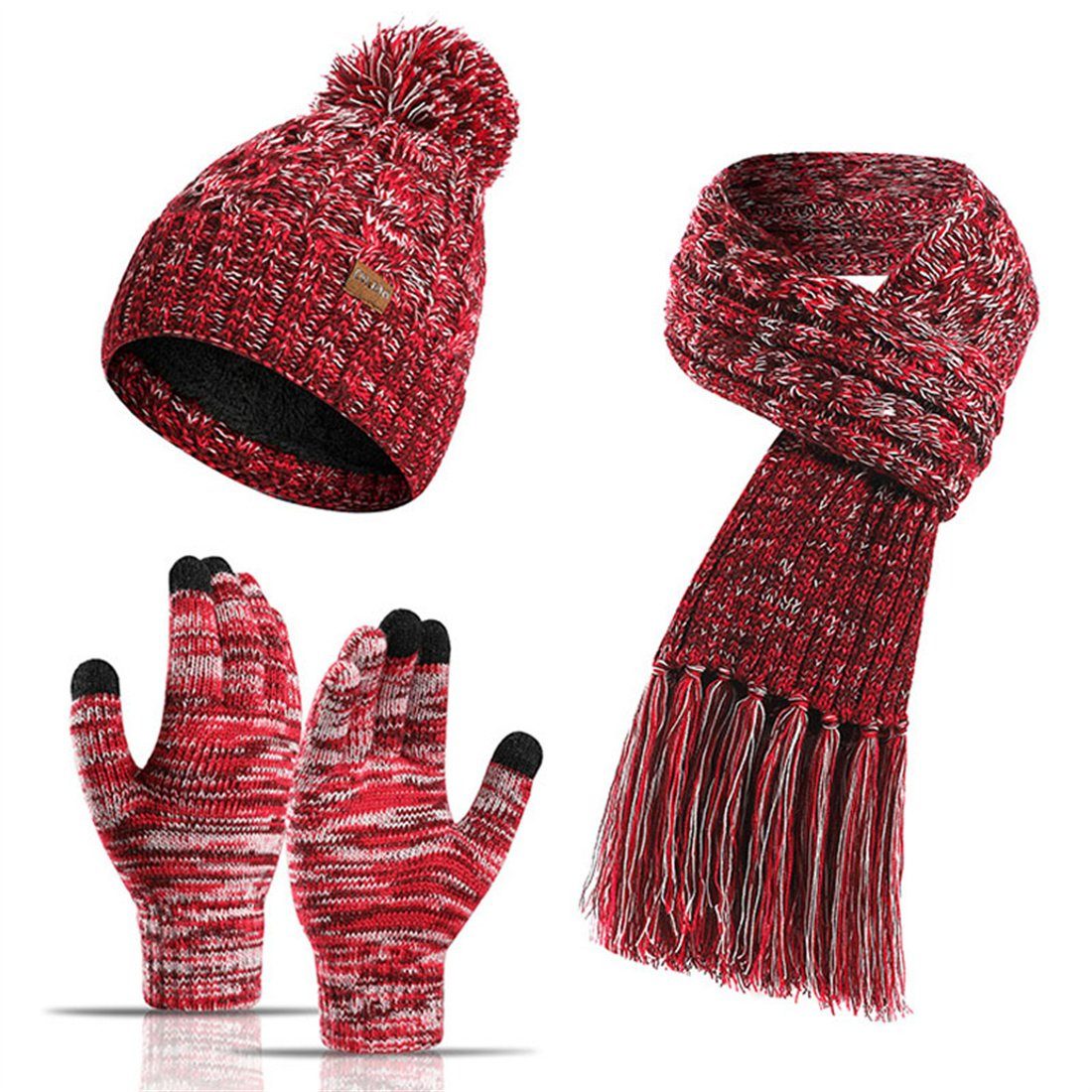 DÖRÖY Strickmütze Wintermütze aus Wolle, Mütze + Schal + Touchscreen-Handschuhe 3er-Set Rot