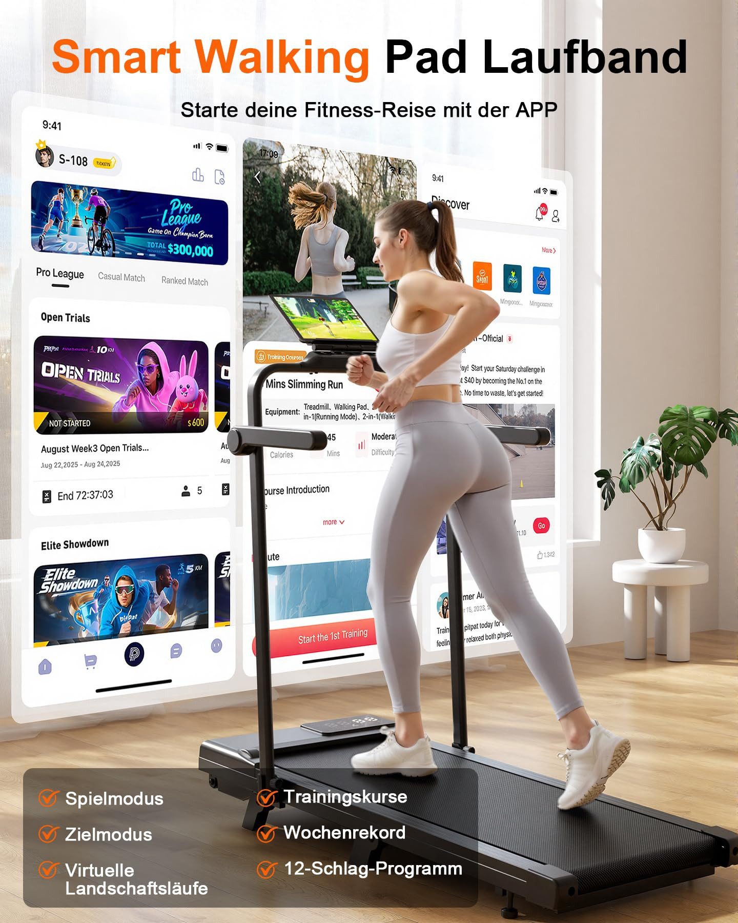 Bundviel Laufband 2000W Klappbares Laufband Walking Pad 1-12 km/h mit LED-Display, Max. 3.0HP bis 136 KG, 6 % Steigung, mit App