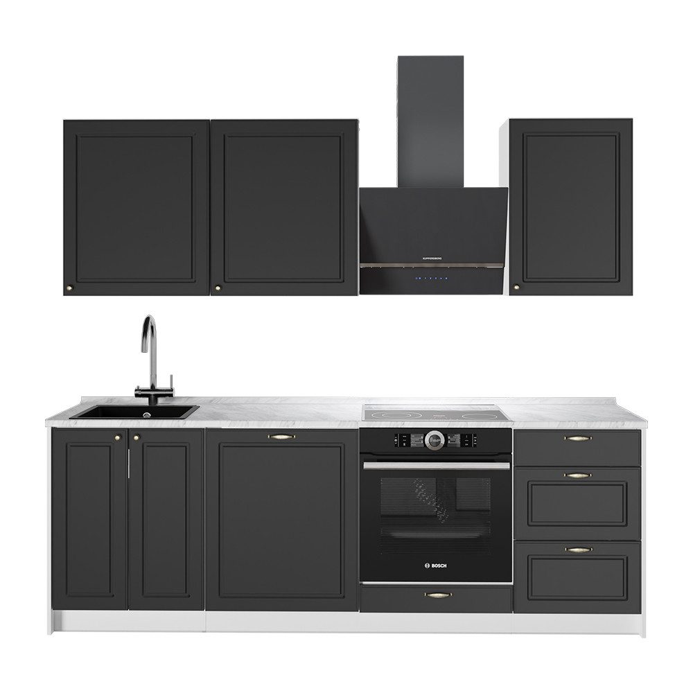 Vicco Küchenzeile Fame-Line, Anthrazit-Gold Landhaus/Weiß, 230 cm, AP Marmor