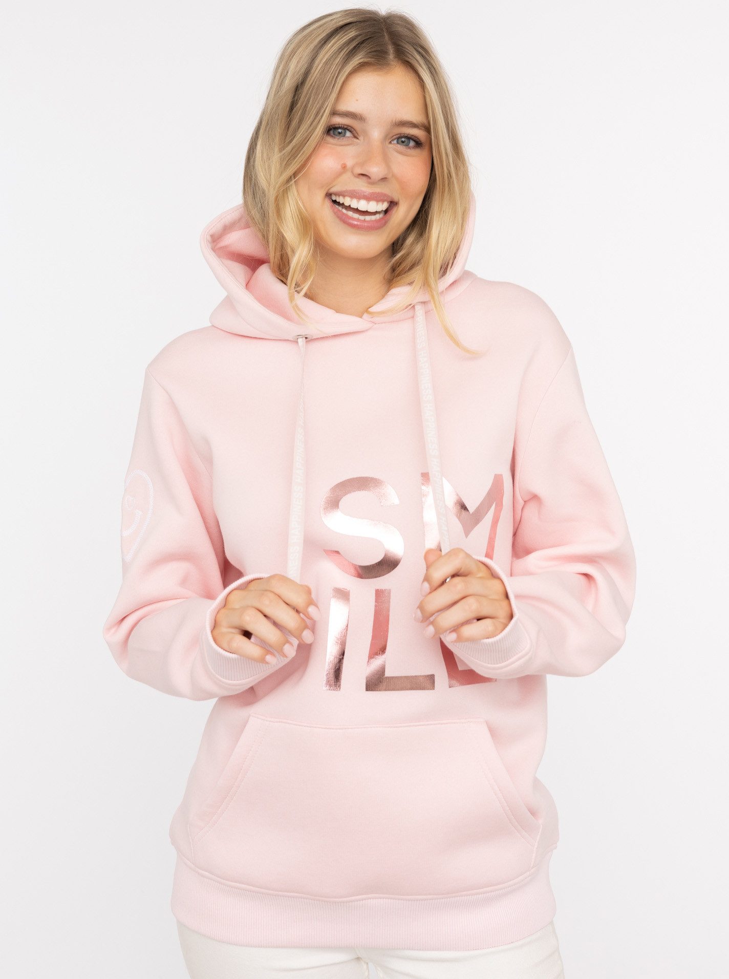 Zwillingsherz Hoodie "Alissa Shiny" glänzender Print, Daumenloch, Kordel, gesticktes Herz am Ärmel