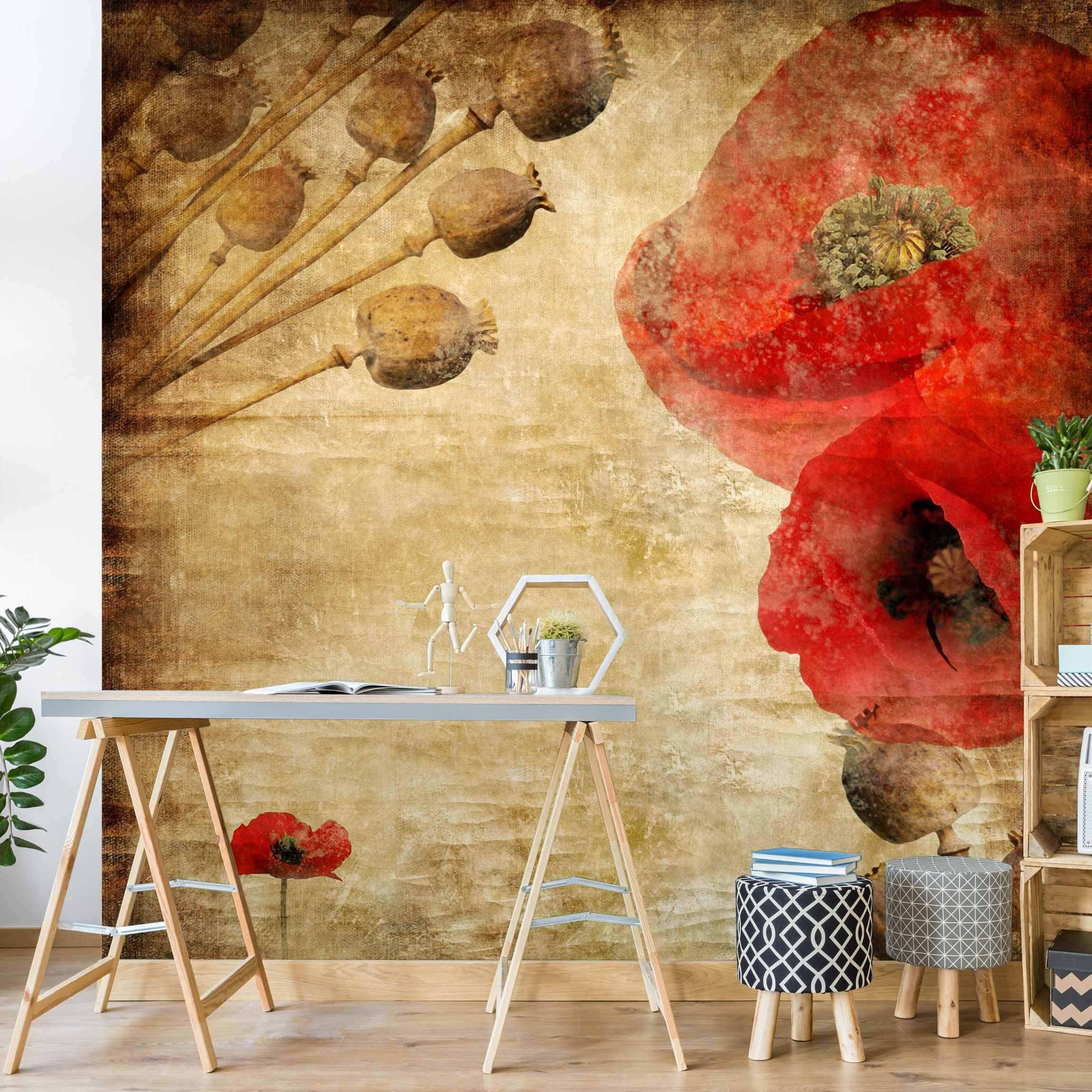 Bilderdepot24 Fototapete Mohnblumen Poppy Flower Floral Blumen Natur Wanddeko, Glatt, Matt, (Vliestapete inkl. Kleister oder selbstklebend), Wohnzimmer Schlafzimmer Küche Flur Motivtapete Vliestapete Wandtapete
