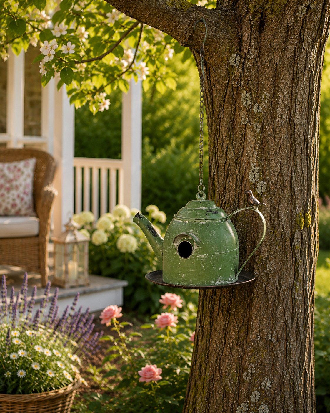 finehomegarden Nistkasten Vogelhaus Metall zum Hängen Teekanne Deko Ø32x22cm H17cm, Garten grün/bordo 2Farben wählbar