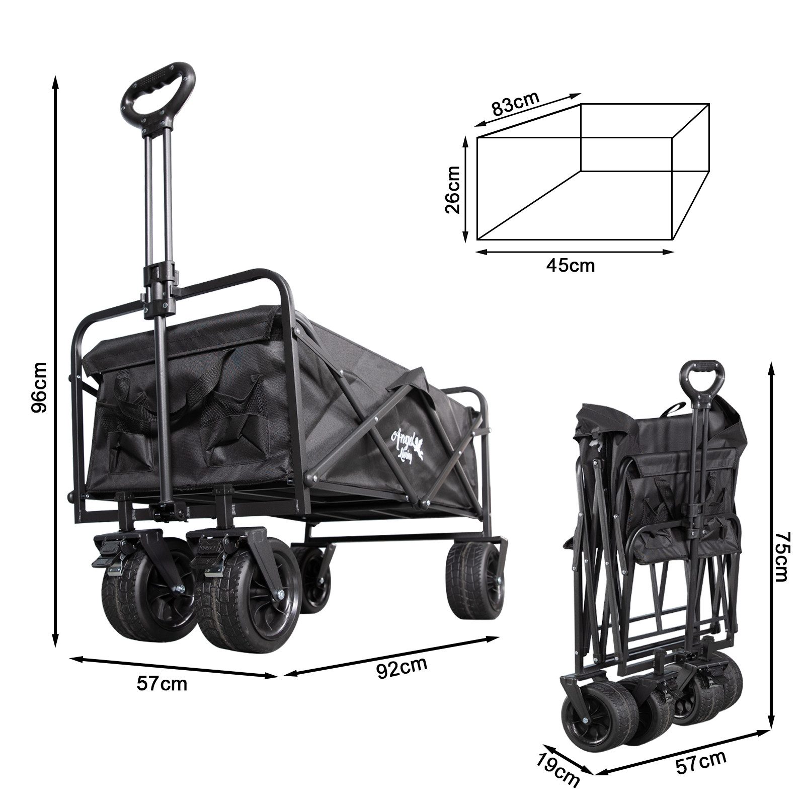 Angel Living Bollerwagen Klapp-Campingwagen, schwerlastgeeignet, 150 kg Tragfähigkeit (1-tlg), Carbon-Stahlrahmen, 600D Oxford-Stoff, Geländereifen & Getränkehalter