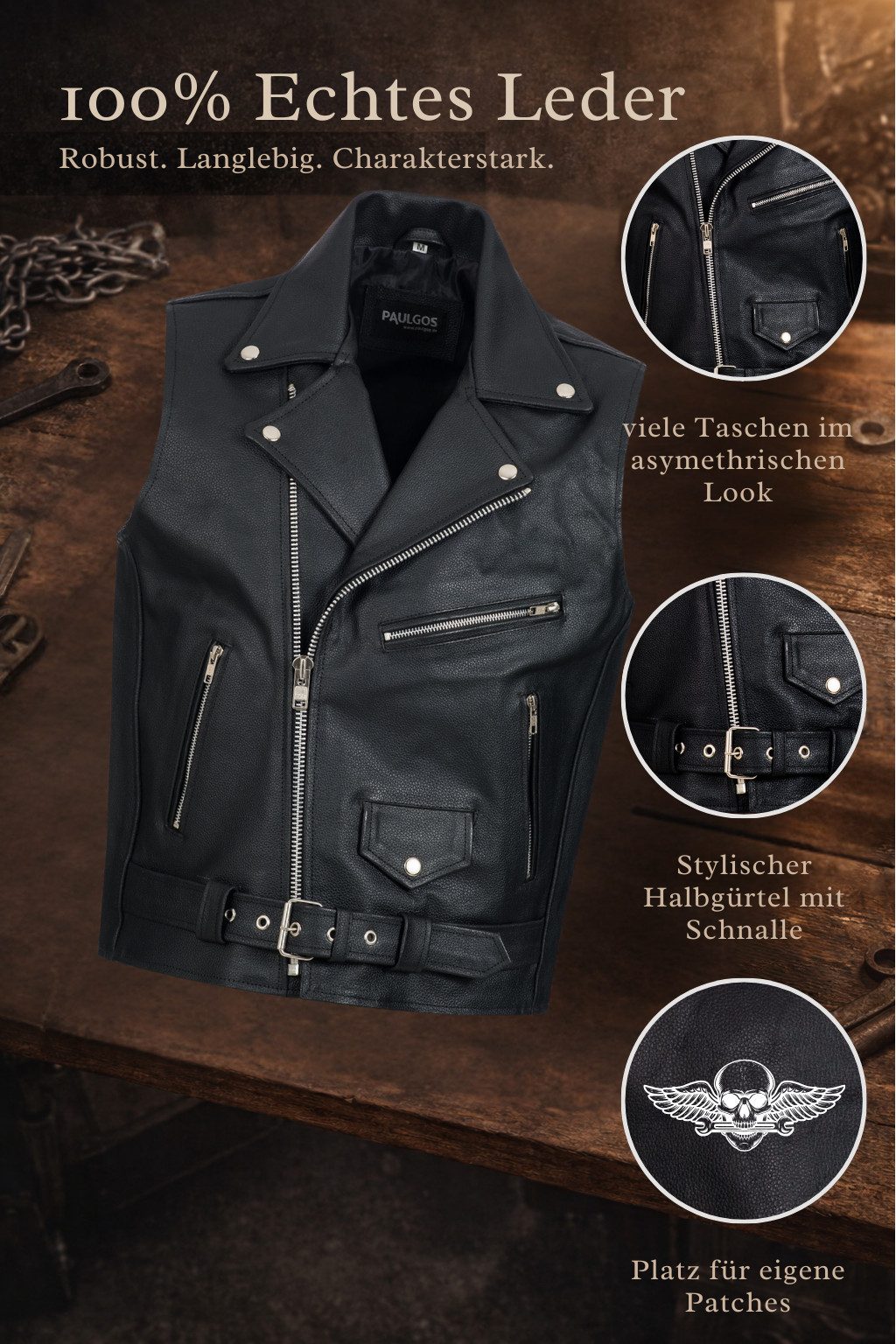 PAULGOS Motorradweste Lederweste Biker Kutte Clubweste Chopper Weste 100% Echtleder - BW2