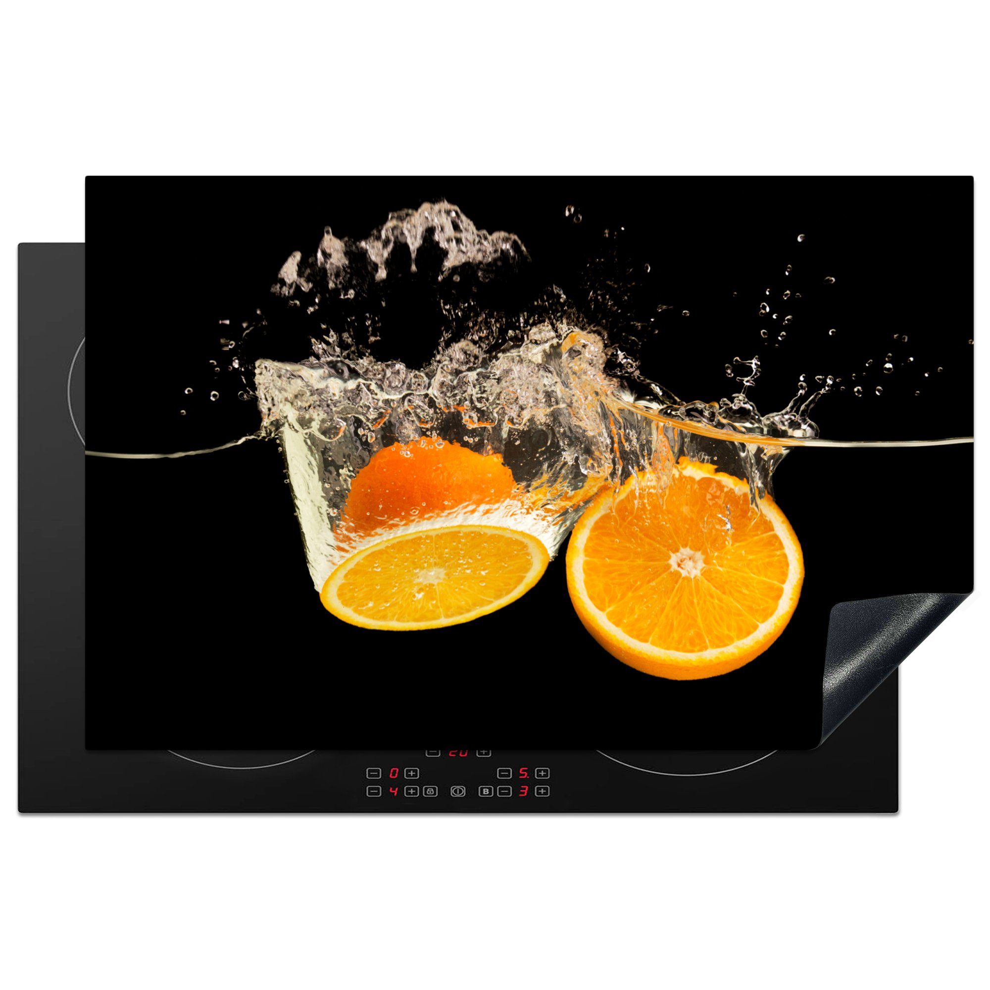 MuchoWow Herdblende-/Abdeckplatte Orange - Stillleben - Wasser - Schwarz - Obst, Vinyl, (1 tlg), 81x52 cm, Induktionskochfeld Schutz für die küche, Ceranfeldabdeckung