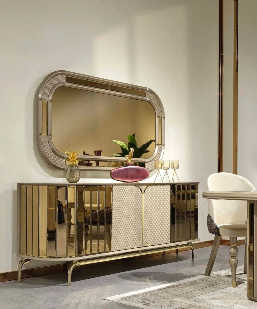 Designer Gold Design Holz Möbel, Sideboard JVmoebel Made Sideboard Europa Beige in Anrichte Spiegel