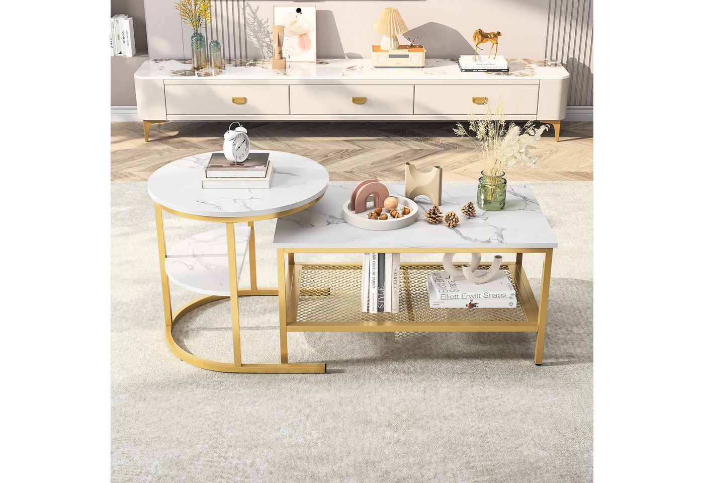 Furnishings Home Couchtisch 2er-Set Runde + Rechteck Beistelltische aus Holz & Metall (2-St., 2-St, 80x46x41 cm + 52x51 cm), Moderne Kaffeetische für Wohnzimmer Schlafzimmer