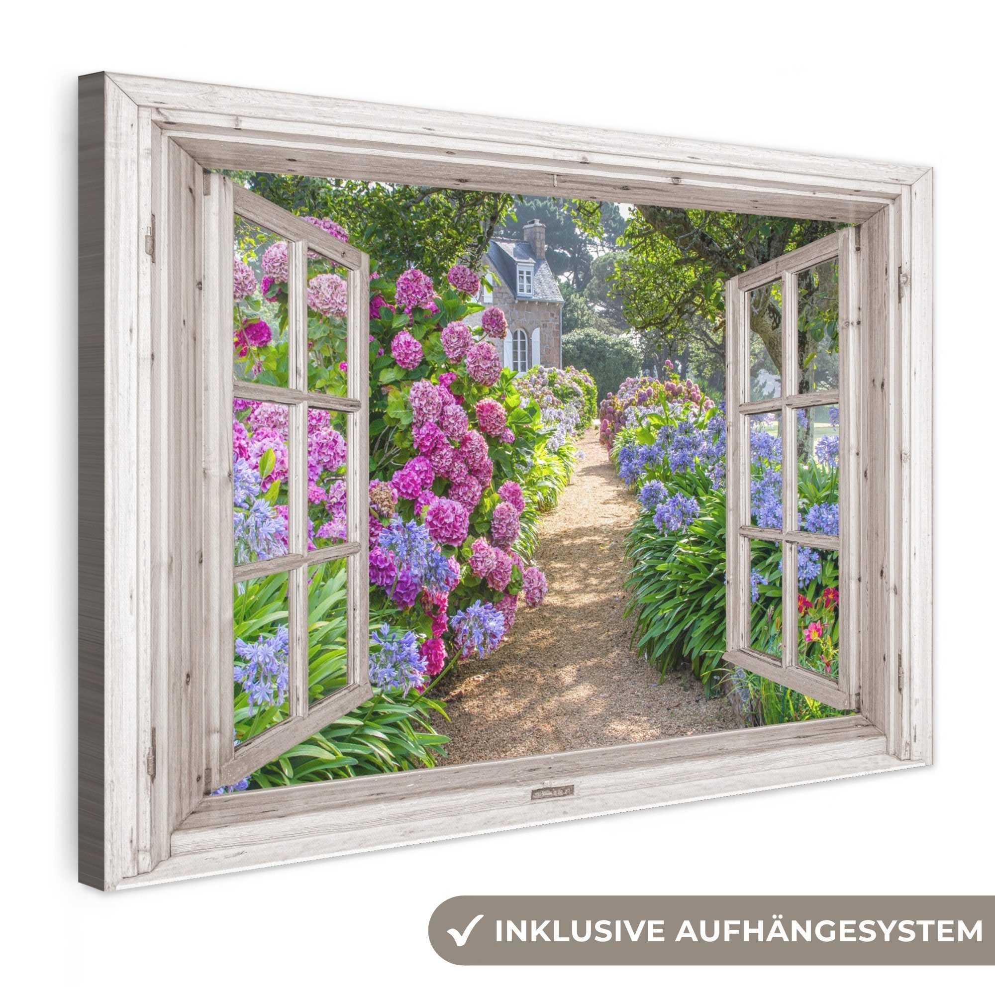 OneMillionCanvasses® Leinwandbild Hortensie - Fensterblick - Fenster - Blumen - Sommer - Lila - Weg, Fotodruck (1 St), Wandbilder Wohnzimmer Schlafzimmer 90x60 cm
