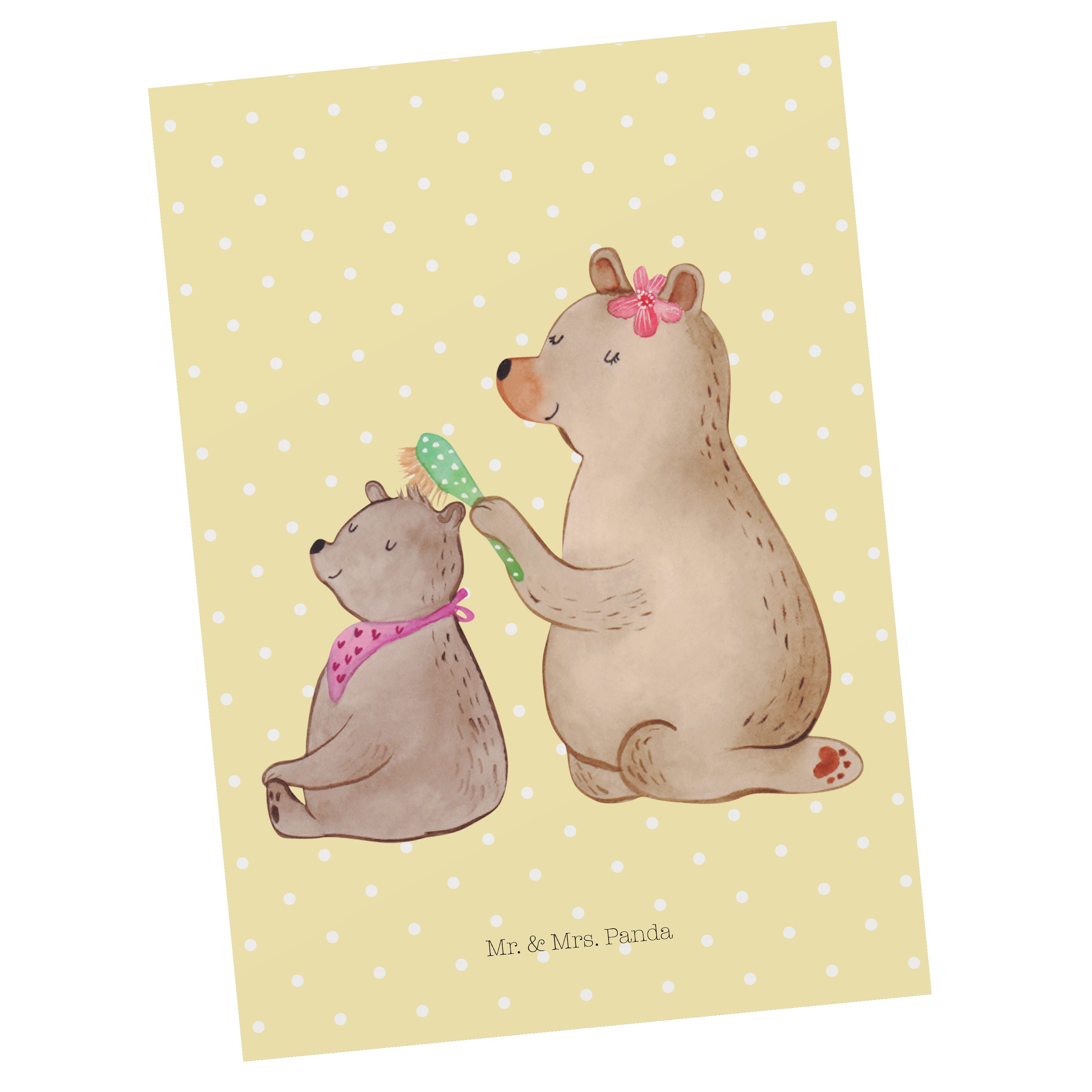 Mr. & Mrs. Panda Postkarte Bär mit Kind - Gelb Pastell - Geschenk, Muttertag, Geschenkkarte, Kar
